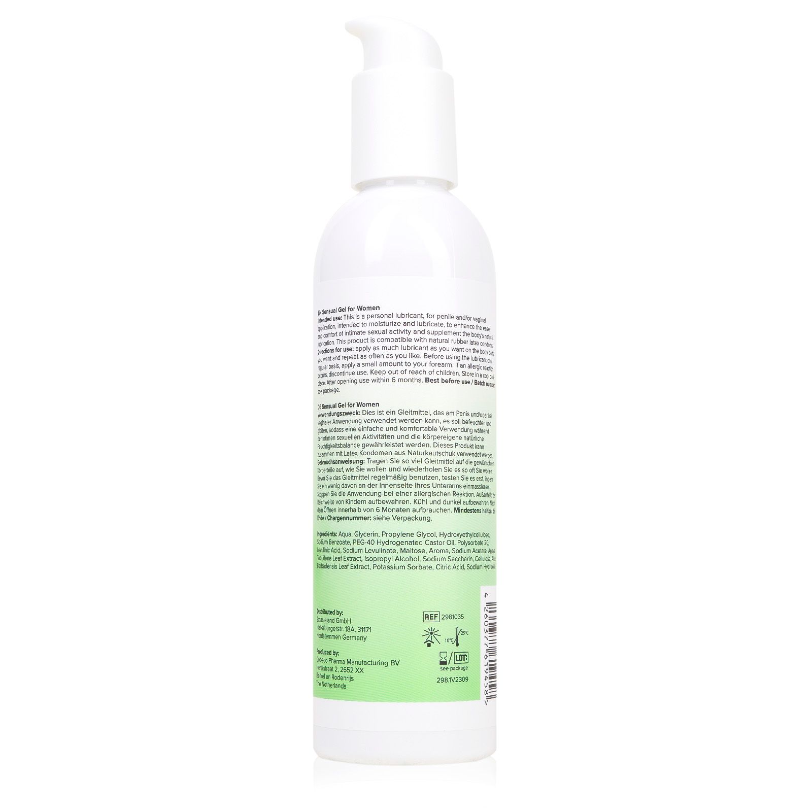 Rückseite einer Flasche INTIMATE Aloe Vera Gleitmittel mit Produktinformationen.