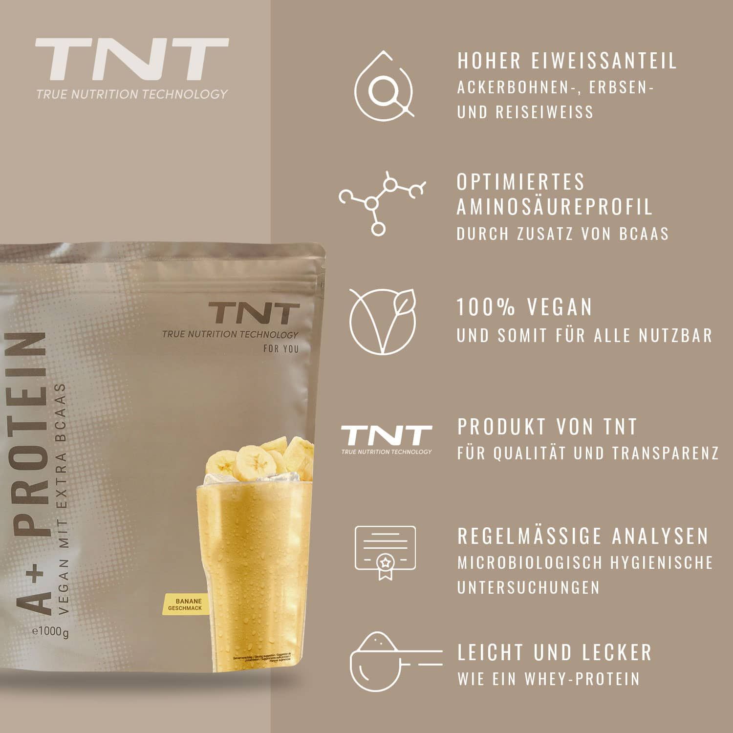 TNT A+ Protein Beutel mit Icons. Text: Hoher Eiweißanteil, optimiertes Aminosäureprofil, 100% vegan, Produkt von TNT, regelmäßige Analysen, leicht und lecker.