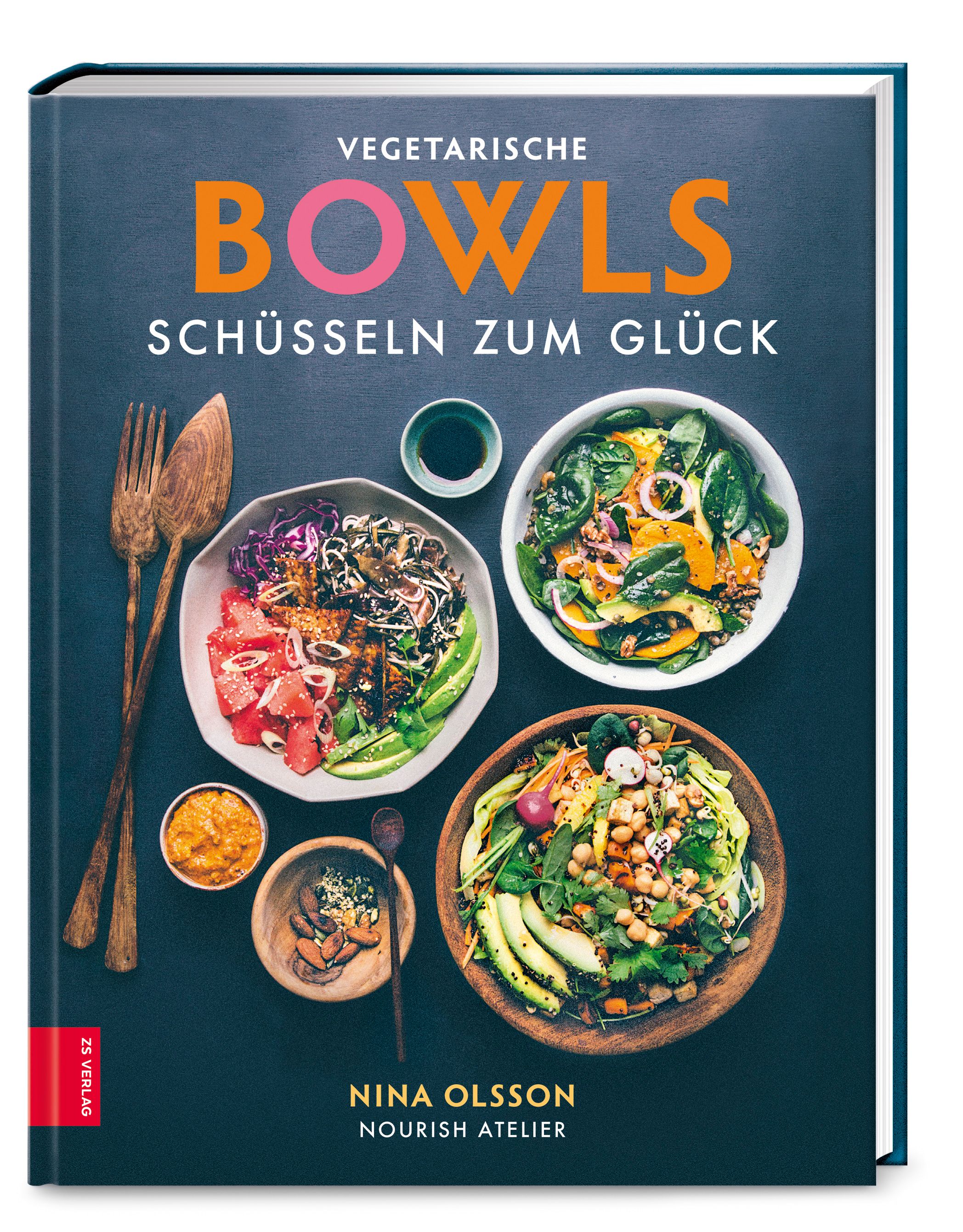 Buchcover mit dem Titel „Vegetarische Bowls – Schüsseln zum Glück“. Gezeigt werden verschiedene Bowls mit Zutaten und das Logo des Verlags.