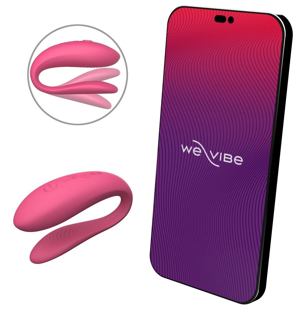 We-Vibe Sync Lite und Smartphone-Darstellung. Das Produkt ist rosa. Das Smartphone zeigt das We-Vibe-Logo.