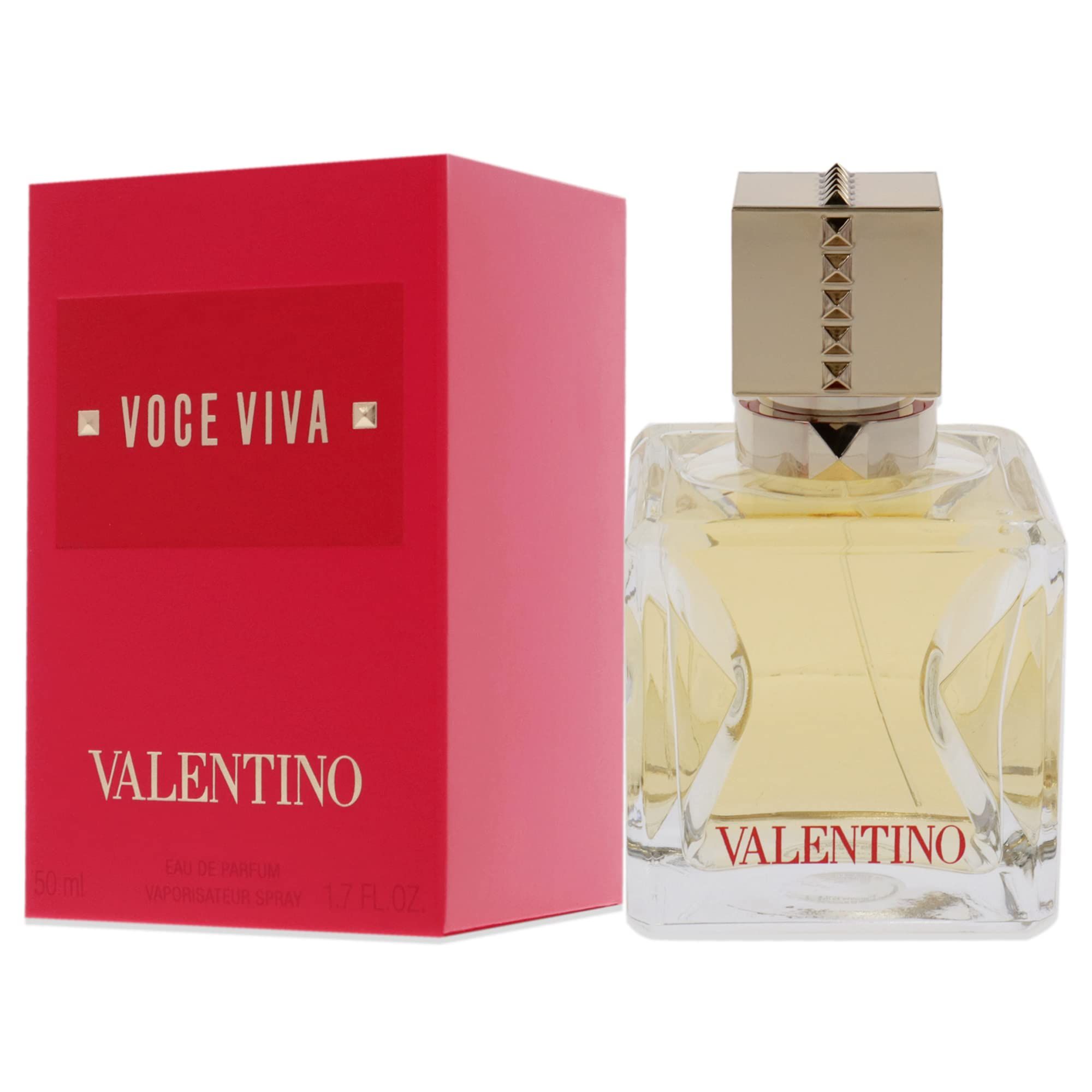 Rote Verpackung und Parfumflakon. Flakon mit goldfarbenem Deckel und goldfarbenem Schriftzug "VALENTINO".