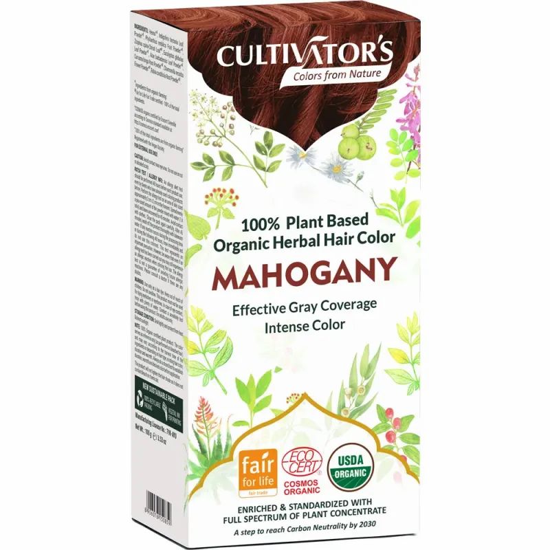 Verpackung mit Pflanzenhaarfarbe. Aufschrift: CULTIVATOR'S, Mahagoni, 100% pflanzlich, deckt graues Haar ab. Mit Fair for Life, Cosmos Organic und USDA Organic Siegeln.