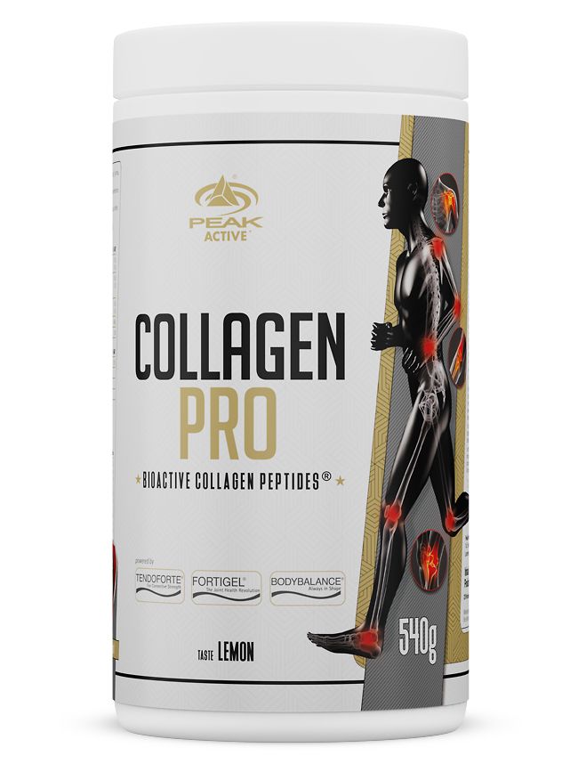 Weißes PEAK Collagen Pro-Behälter mit schwarzer Schrift. Aufdruck: Collagen Pro, bioactive Collagen Peptide. Abbildung eines Mannes.