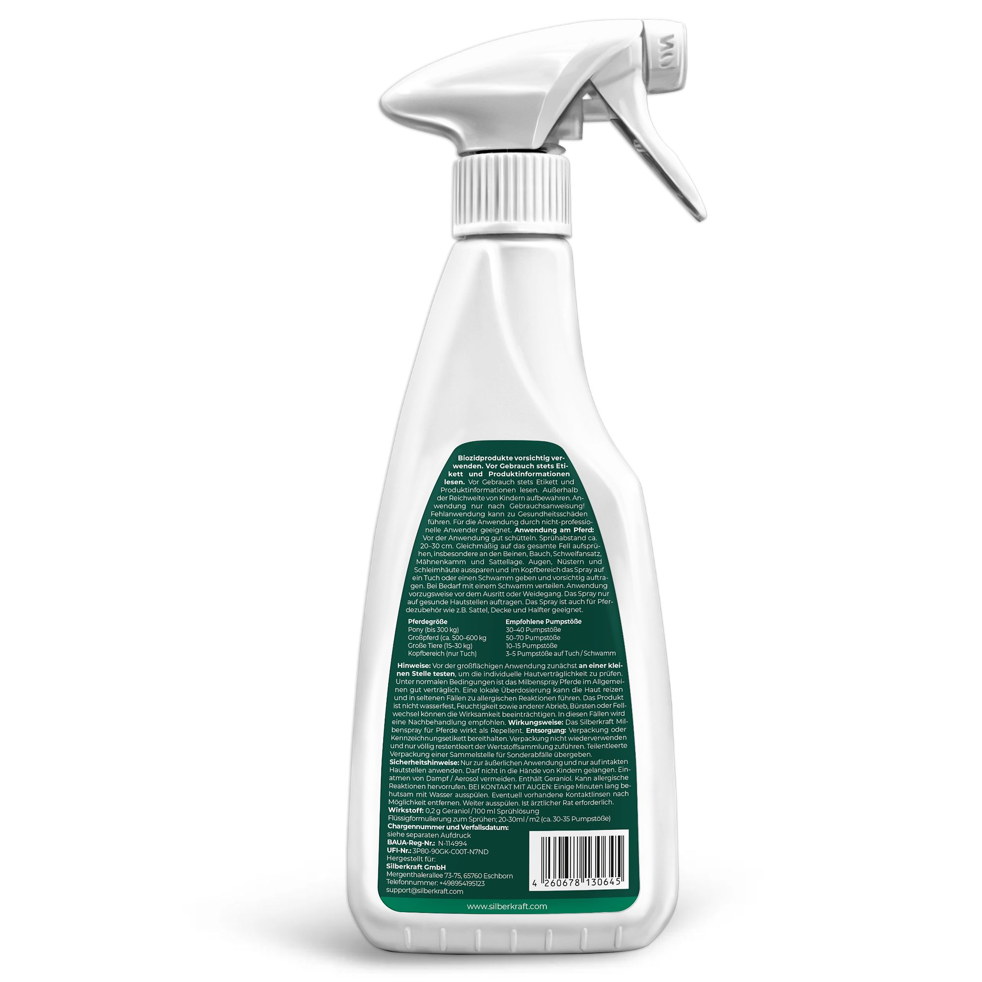 Rückseite der SILBERKRAFT Milbenspray Pferde Flasche. Text: Inhaltsstoffe, Anwendungshinweise, Herstellerinformationen.
