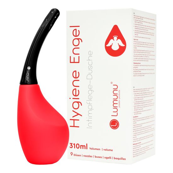Rote Intimpflege-Dusche neben Verpackung. Text: Hygiene Engel, 310ml, 9 Düsen. Marke Lumunu.