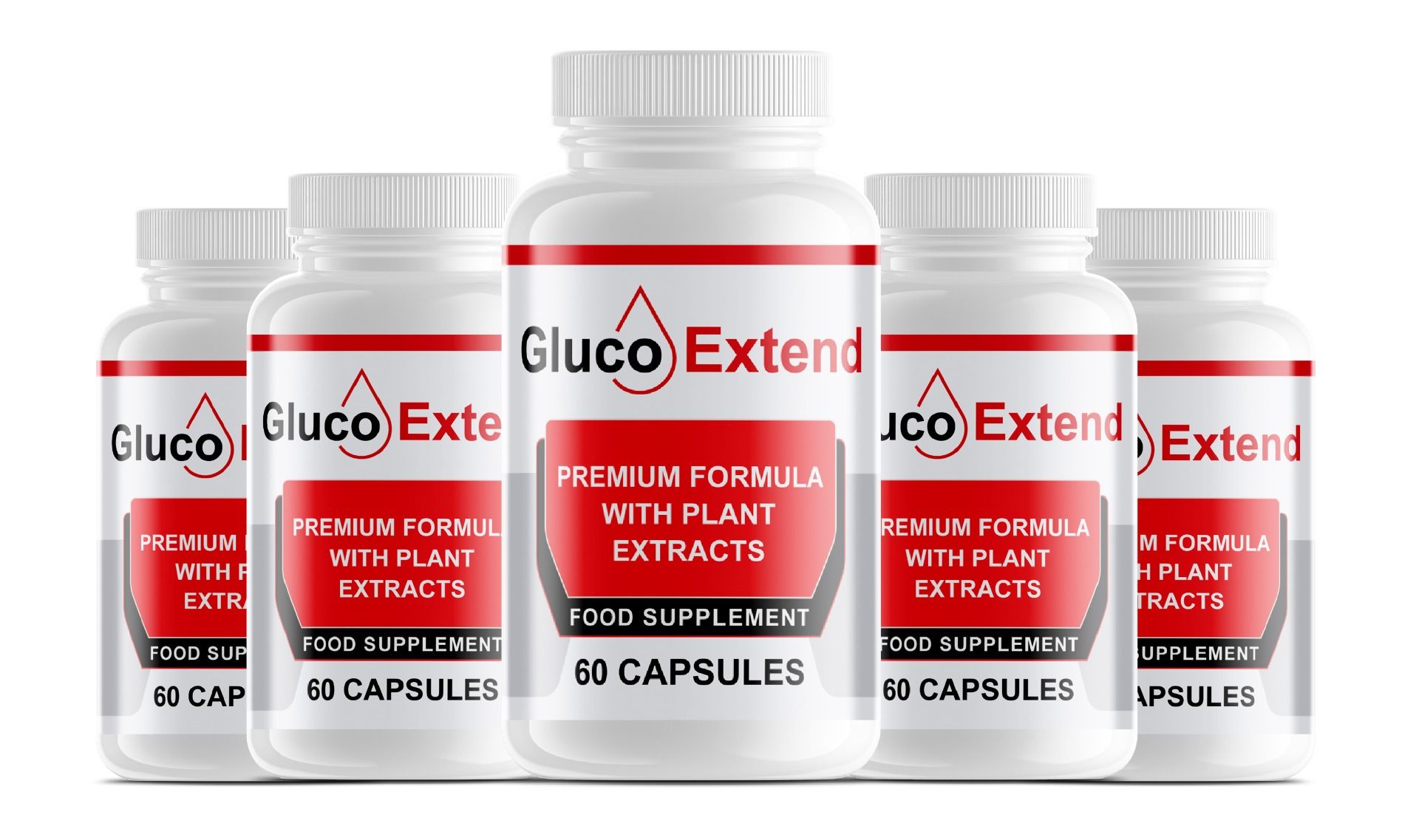 Fünf weiße Flaschen mit rotem Etikett. Aufschrift: Gluco Extend, Premium-Formel mit Pflanzenextrakten, 60 Kapseln.