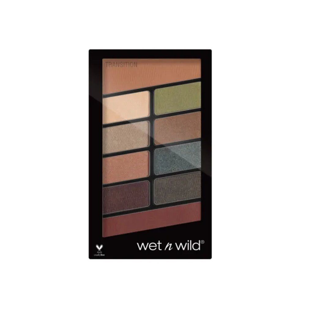 Palette mit 10 Lidschattenfarben. Schwarze Verpackung mit Produktnamen und Cruelty-Free-Logo. Brauntöne, Grün und Beige.