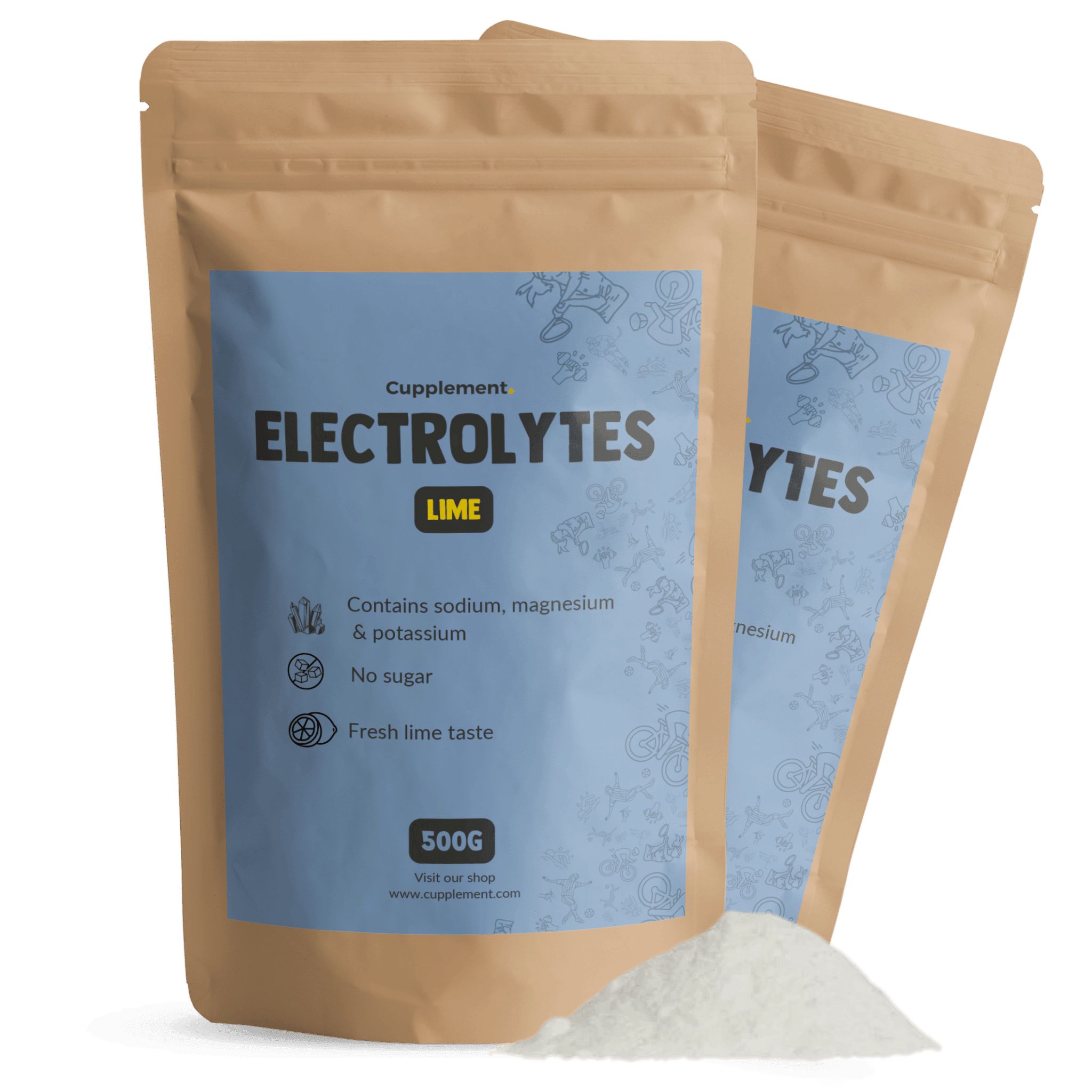 Zwei Packungen Elektrolytpulver Zitrone, 500g. Braune Standbodenbeutel mit blauem Etikett.