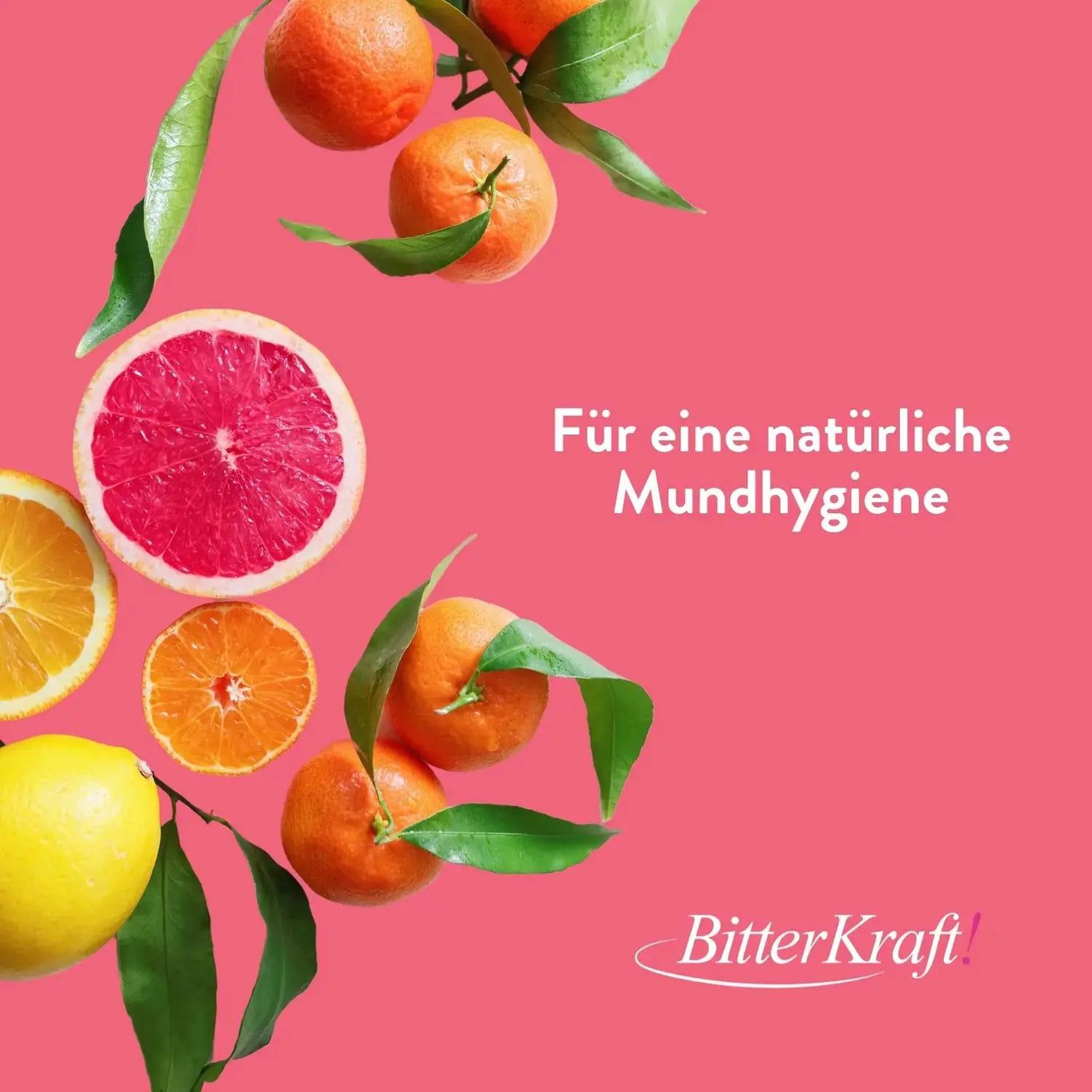 Roter Hintergrund mit Zitrusfrüchten und Blättern. Aufschrift: BitterKraft!