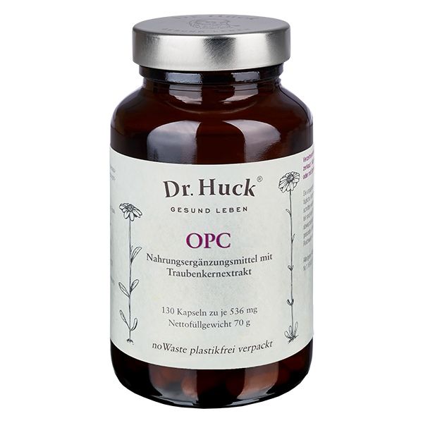Braune Glasflasche mit silbernem Deckel. Aufschrift: Dr. Huck OPC. 130 Kapseln. Nettogewicht 70g. Mit floralem Muster.