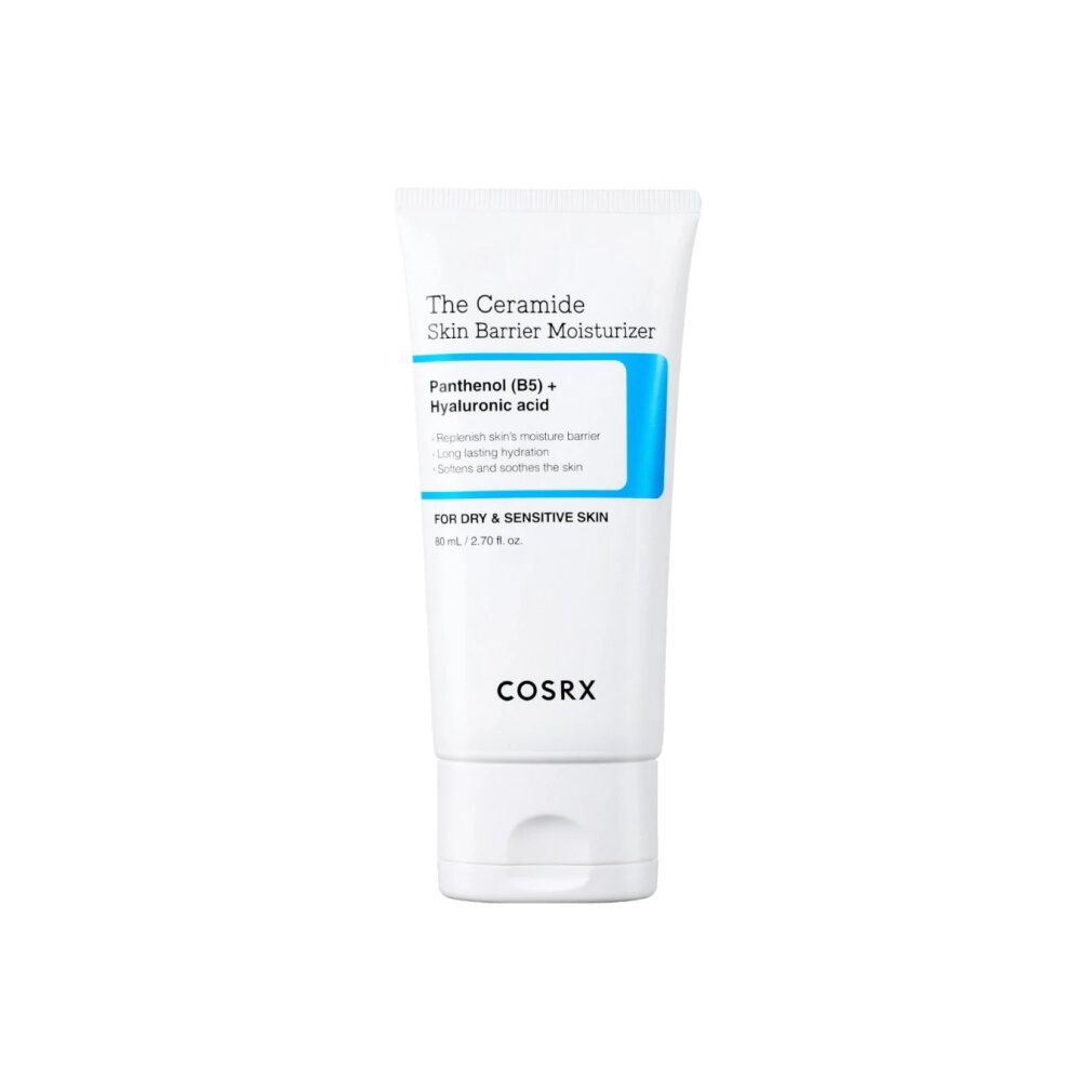 Weiße Tube der COSRX Ceramid-Hautbarriere-Feuchtigkeitscreme mit blauer Beschriftung.