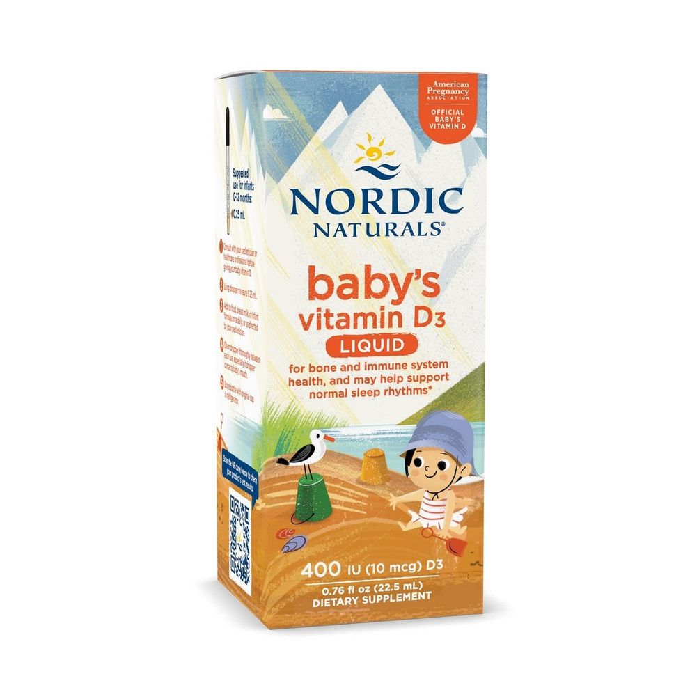 Verpackung von NORDIC NATURALS Baby Vitamin D3 Liquid, 400 IE. Enthält eine Pipette.