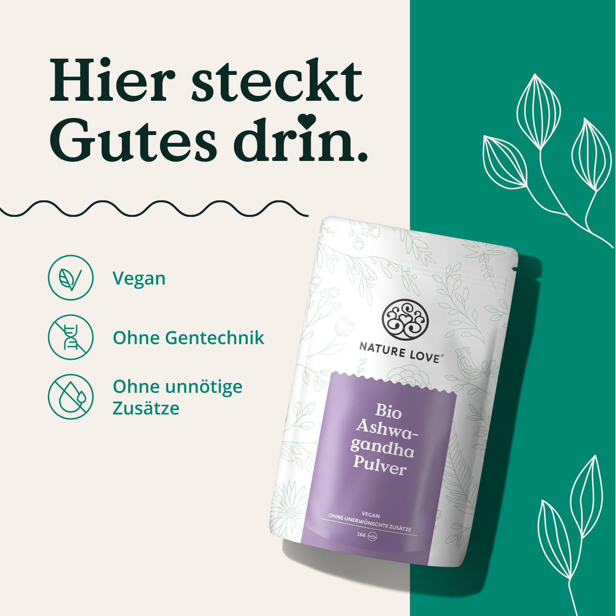 Beutel mit NATURE LOVE® Bio Ashwagandha Pulver. Text: Vegan, ohne Gentechnik, ohne unnötige Zusätze. Hintergrund: floral.