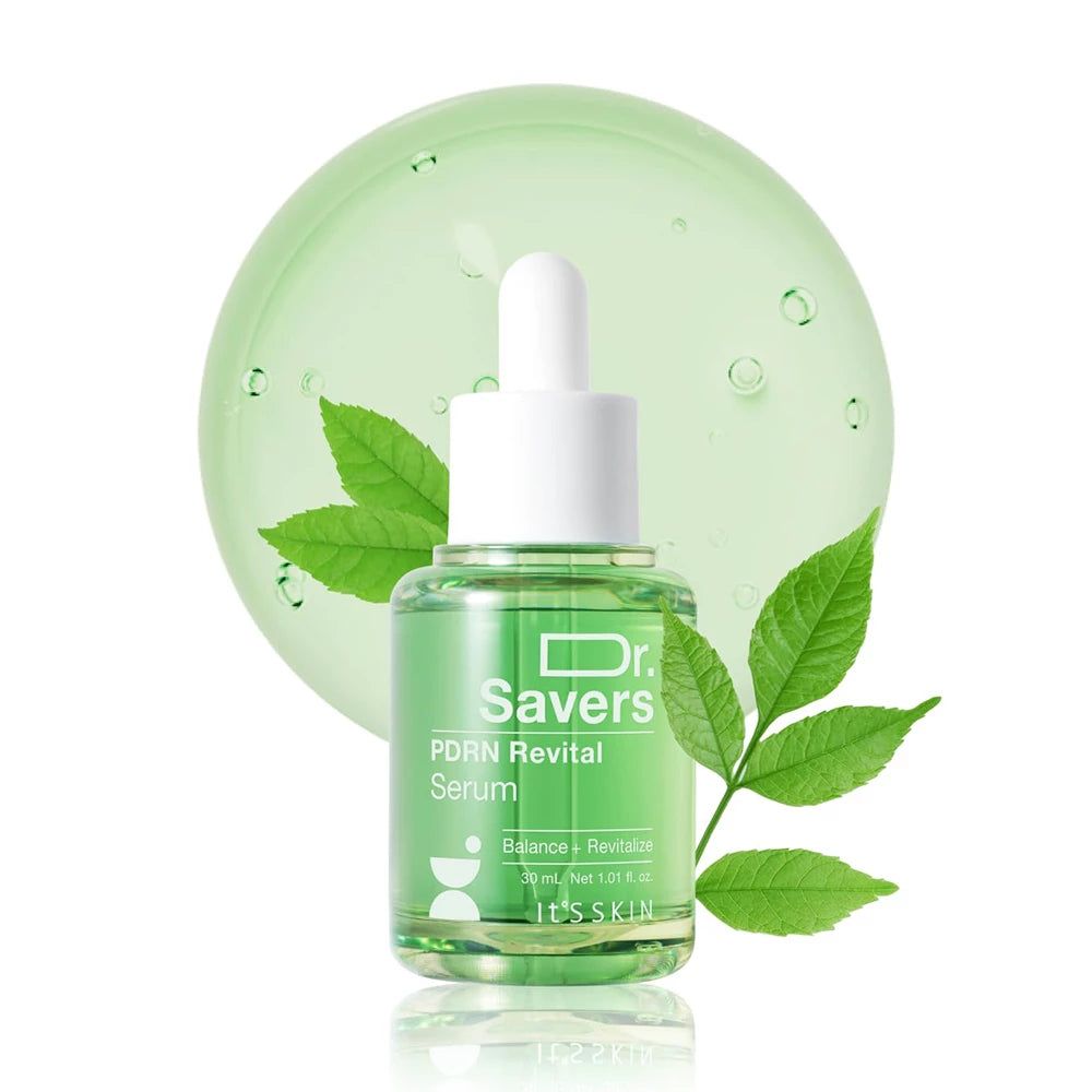 Grüne Serumflasche mit Pipettenverschluss, beschriftet mit 'Dr. Savers PDRN Revital Serum'.