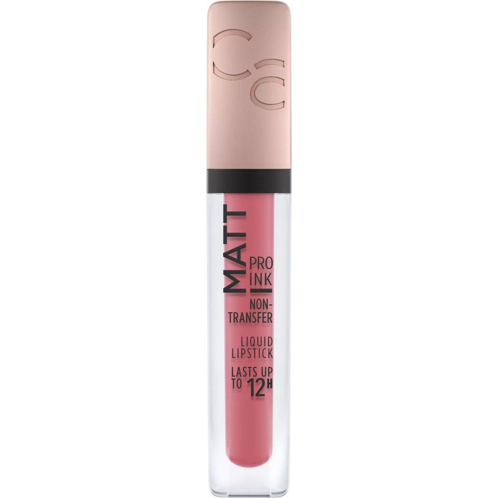 Flüssiger Lippenstift in transparenter Flasche. Rosa Inhalt. Aufschrift: Matt Pro Ink, Non-Transfer, Liquid Lipstick, hält bis zu 12 Stunden. Rosa Deckel.