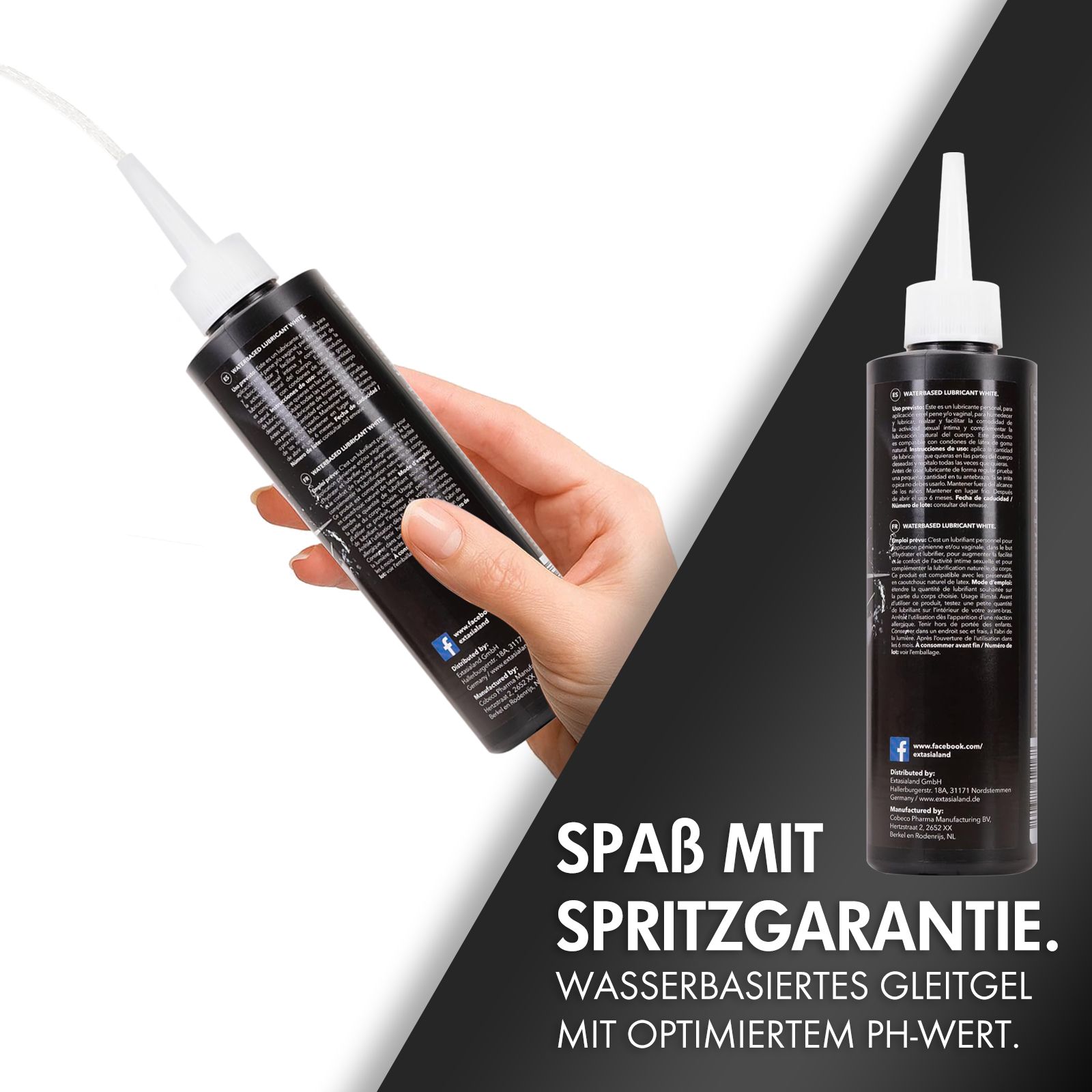 Hand hält Flasche. Schwarze Flasche mit weißem Deckel. Text: White Fast Wet Creampie. Wasserbasiertes Gleitgel mit optimiertem pH-Wert.