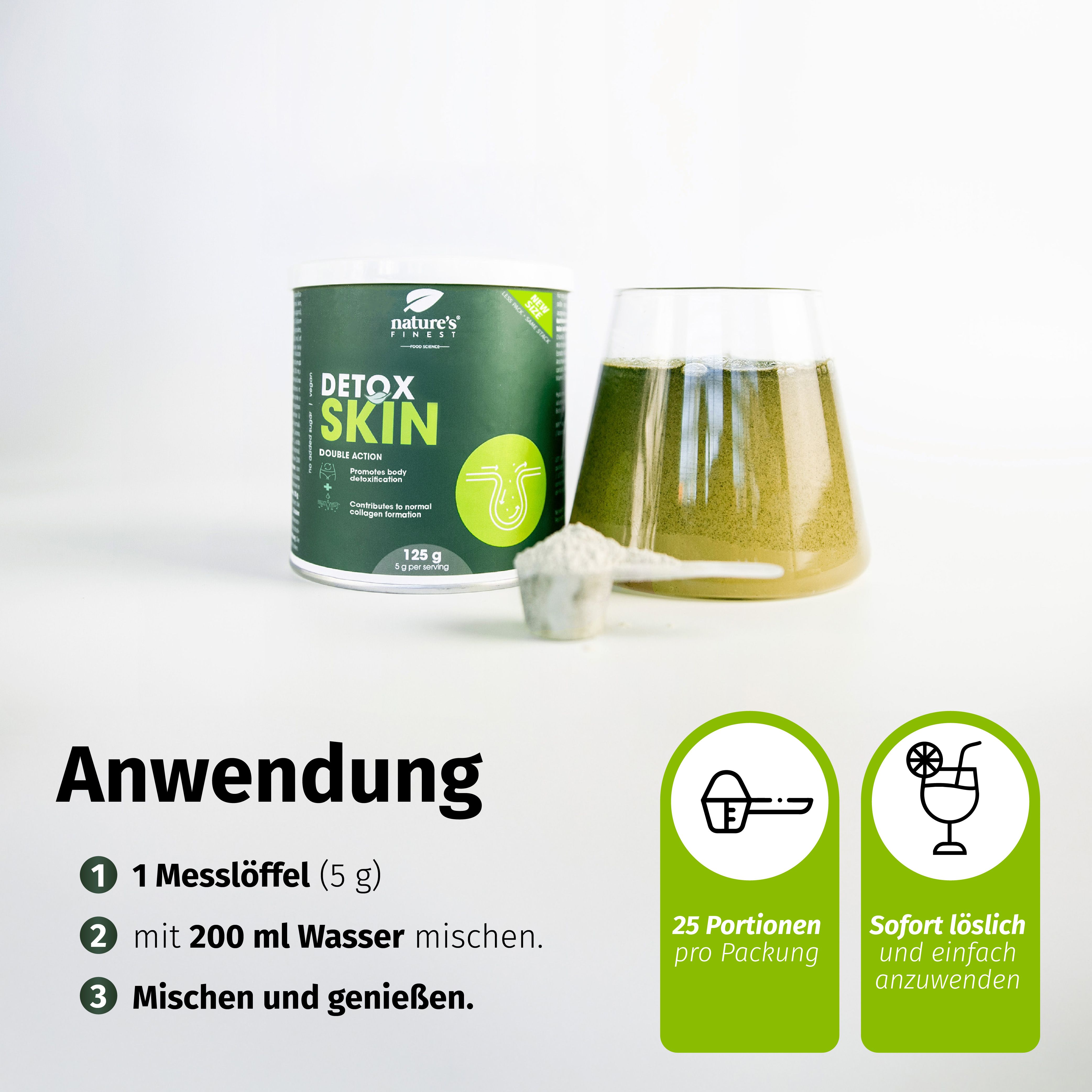 Dose 'DETOX SKIN' (125g), ein Glas mit zubereitetem Getränk und ein Messlöffel. Anleitung zur Zubereitung und Hinweise zu Portionen.