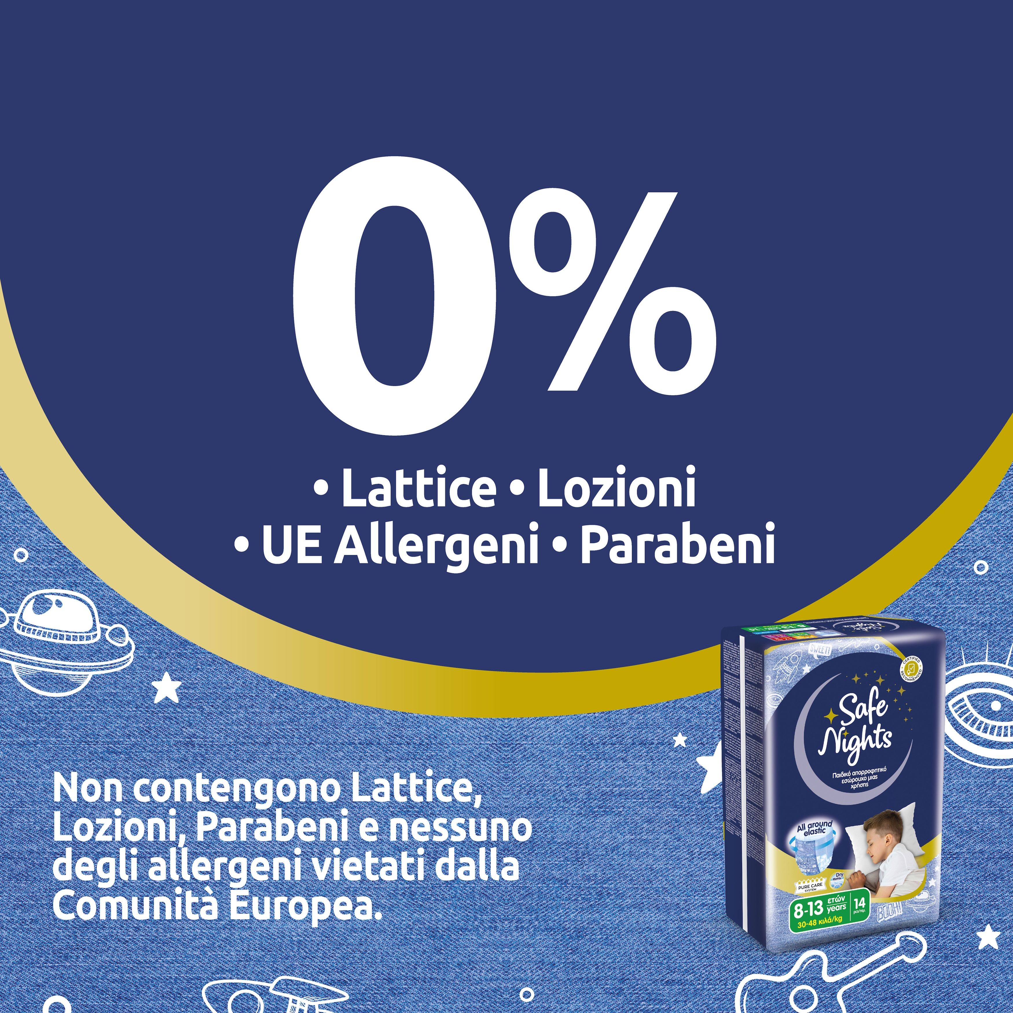 Verpackung Babylino Safe Nights. 0% Latex, Lotionen, Allergene. Text auf Italienisch. Produktabbildung.
