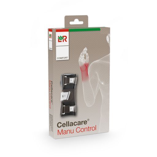 Verpackung der L&R Cellacare Manu Control Handgelenkorthese. Graue Schachtel mit Produktabbildung und Produktnamen. Logo und Marke sind sichtbar.