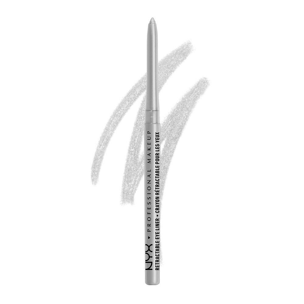 Silberner, ausziehbarer Eyeliner-Stift. Aufschrift: NYX PROFESSIONAL MAKEUP. Textspur.