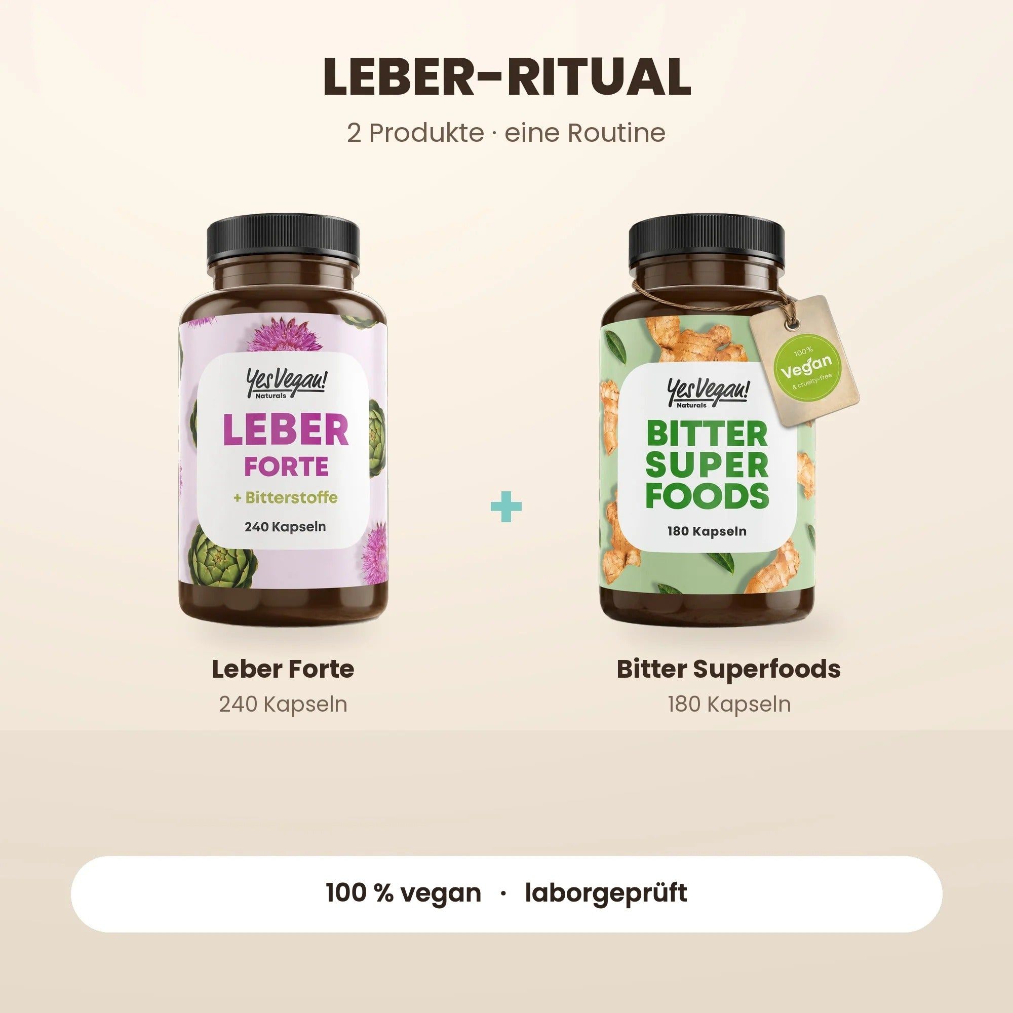 Zwei Flaschen Yes Vegan: Leber Forte (240 Kapseln) und Bitter Super Foods (180 Kapseln).