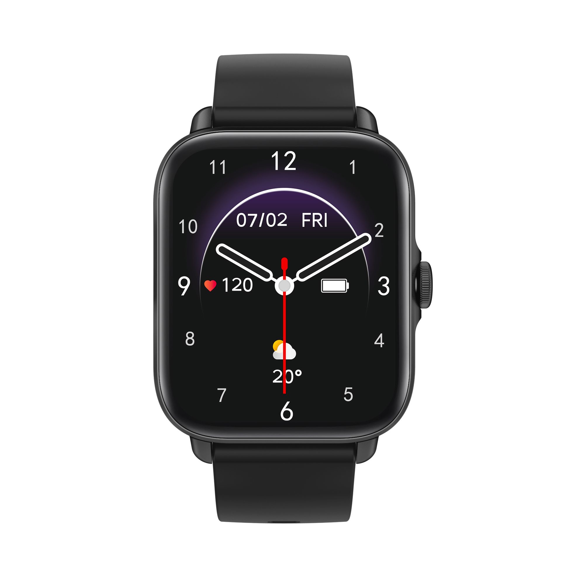 Schwarze Smartwatch mit digitalem Zifferblatt. Zeigt Uhrzeit, Datum, Batteriestatus und Temperatur an. Schwarzes Armband.