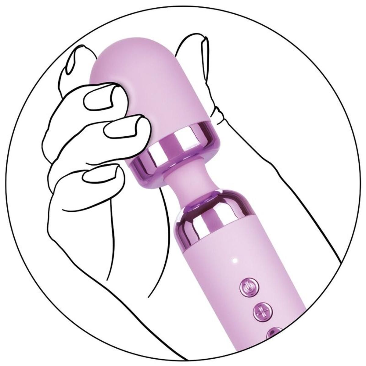 Skizze eines lila Massagestabs in einer Hand. Zylindrischer Griff, abgerundeter Kopf. Knöpfe.
