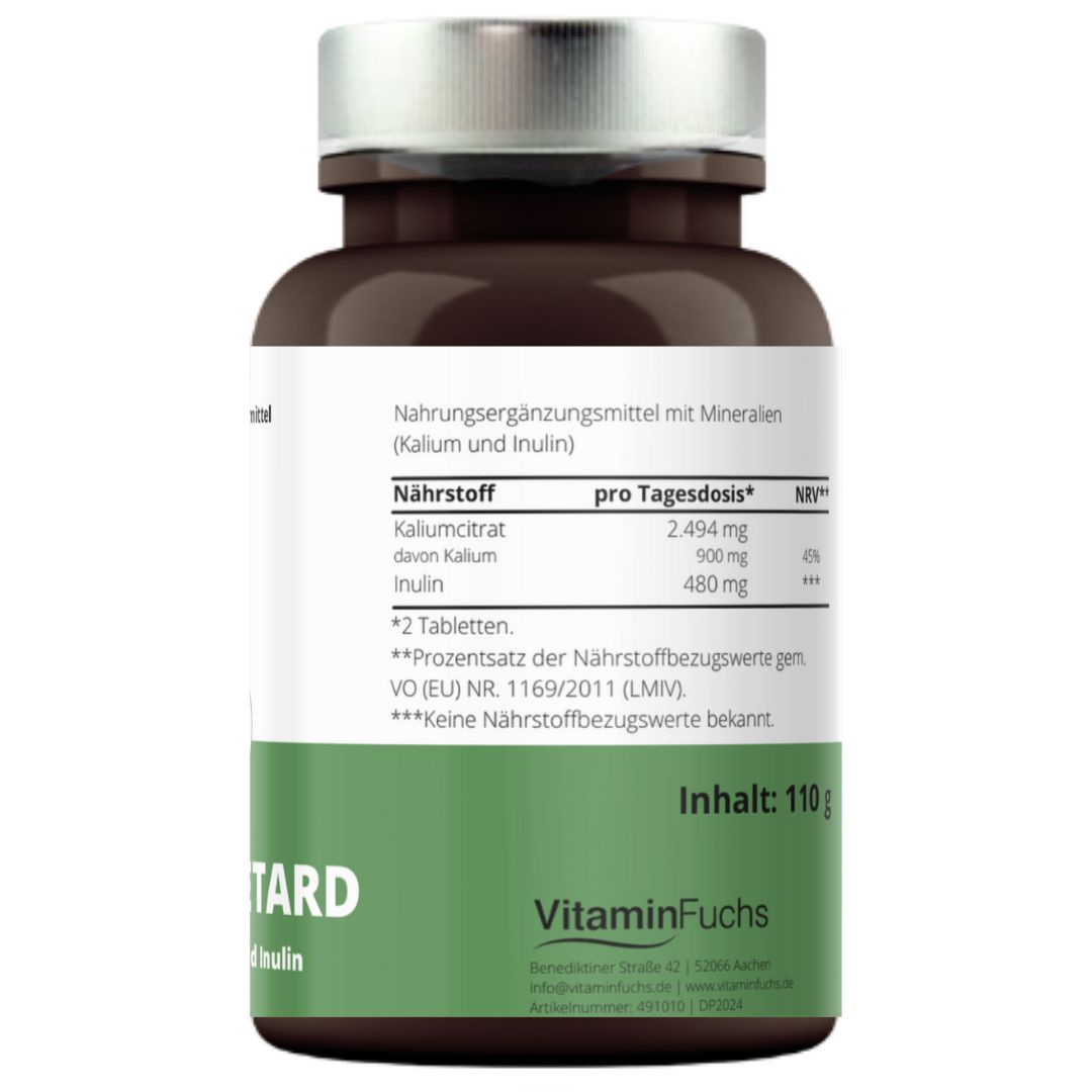 Rückseite der Tablettenflasche. Nährwertangaben: Kaliumcitrat, Kalium, Inulin. Inhalt: 110g. VitaminFuchs Logo.