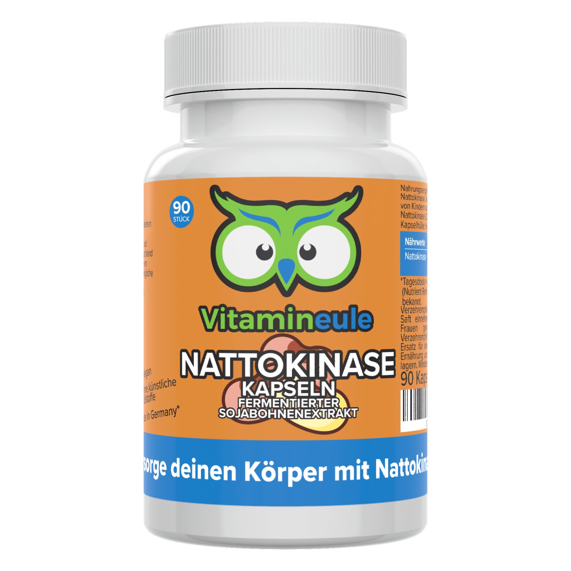 Weiße Flasche mit Nattokinase Kapseln. Orangefarbenes Etikett mit Text und Eulen-Logo. 90 Kapseln. Text: Vitamineule, Nattokinase Kapseln.