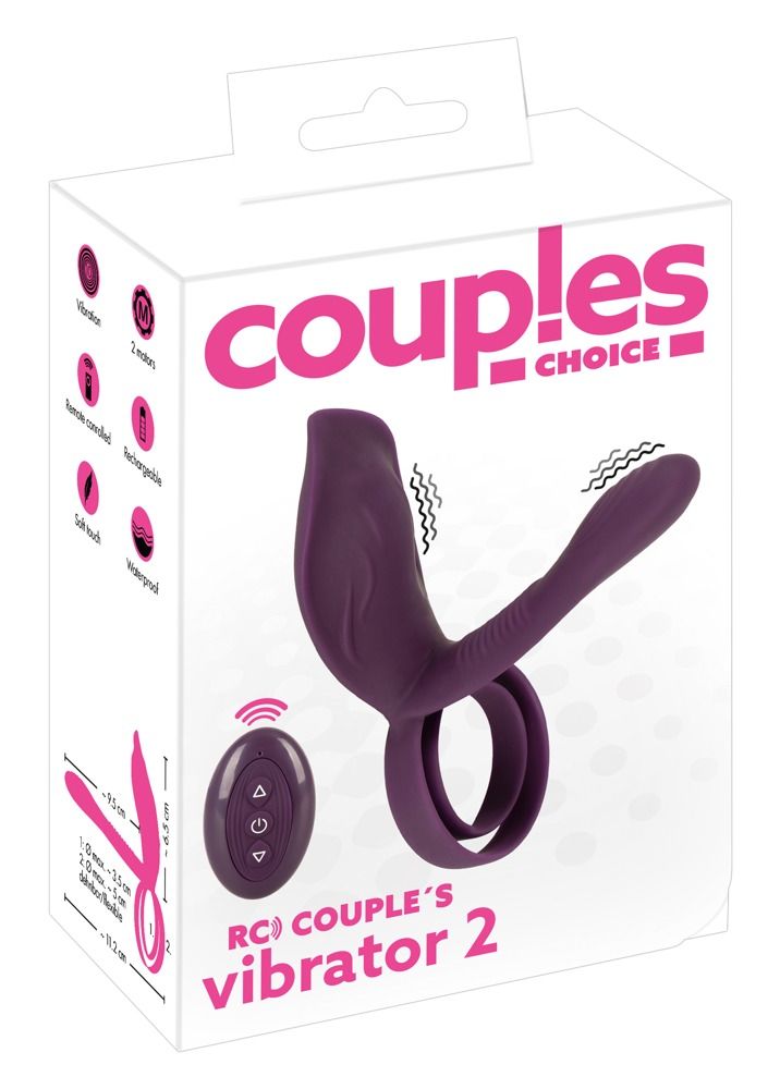 Verpackung mit lila Vibrator mit Ring und Fernbedienung. "Couples Choice" und "RC Couple's Vibrator 2".