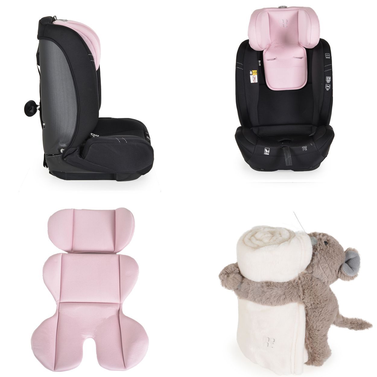 Kindersitz, schwarz mit rosa Polsterung, mit Kopfstütze und Gurt