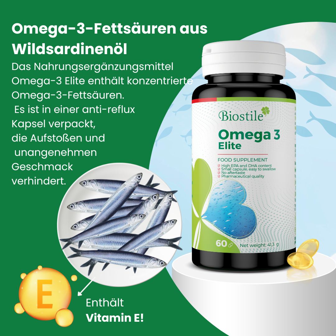 Biostile Omega 3 Elite. Flasche mit 60 Kapseln. Aufschrift: Nahrungsergänzungsmittel. Enthält Vitamin E. Gelbe Kapseln daneben.