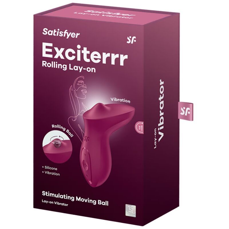 Verpackung von Satisfyer Exciterrr. Auflegvibrator in Burgunderfarbe, Produktname und Logo "sf" sind sichtbar.