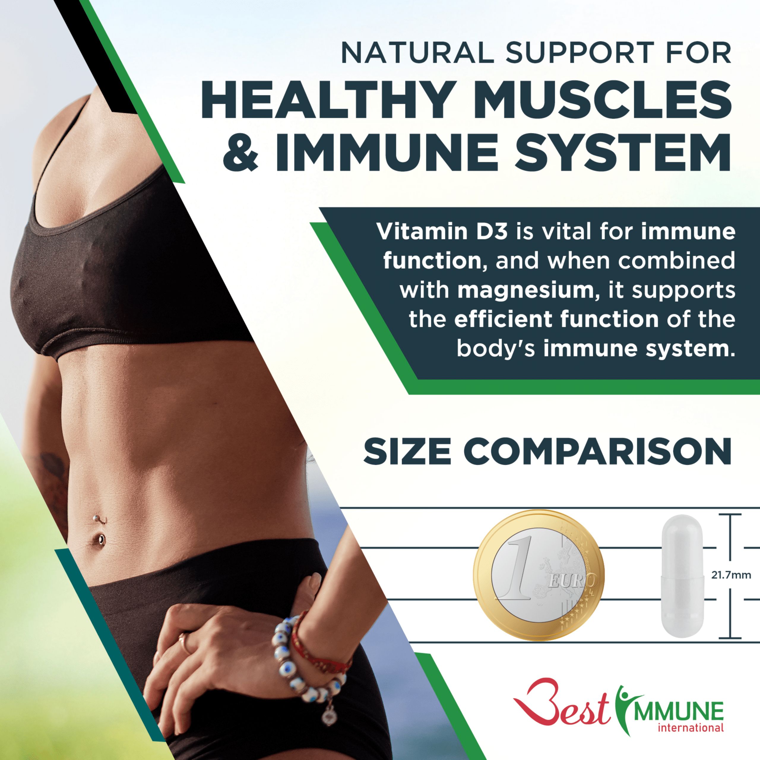 Frau mit Bauchmuskeln. Vergleich: Euro-Münze und Kapsel. Aufschrift: D3 + Mg Glycinat. Unterstützt das Immunsystem.