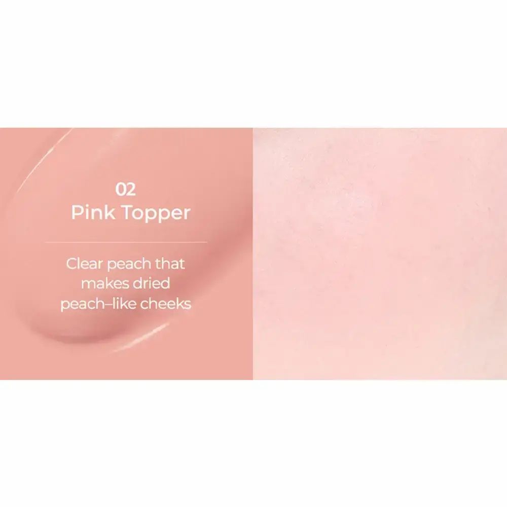 Rosa Farbfläche mit Text: "02 Pink Topper". Text darunter: "Clear peach that makes dried peach-like cheeks".