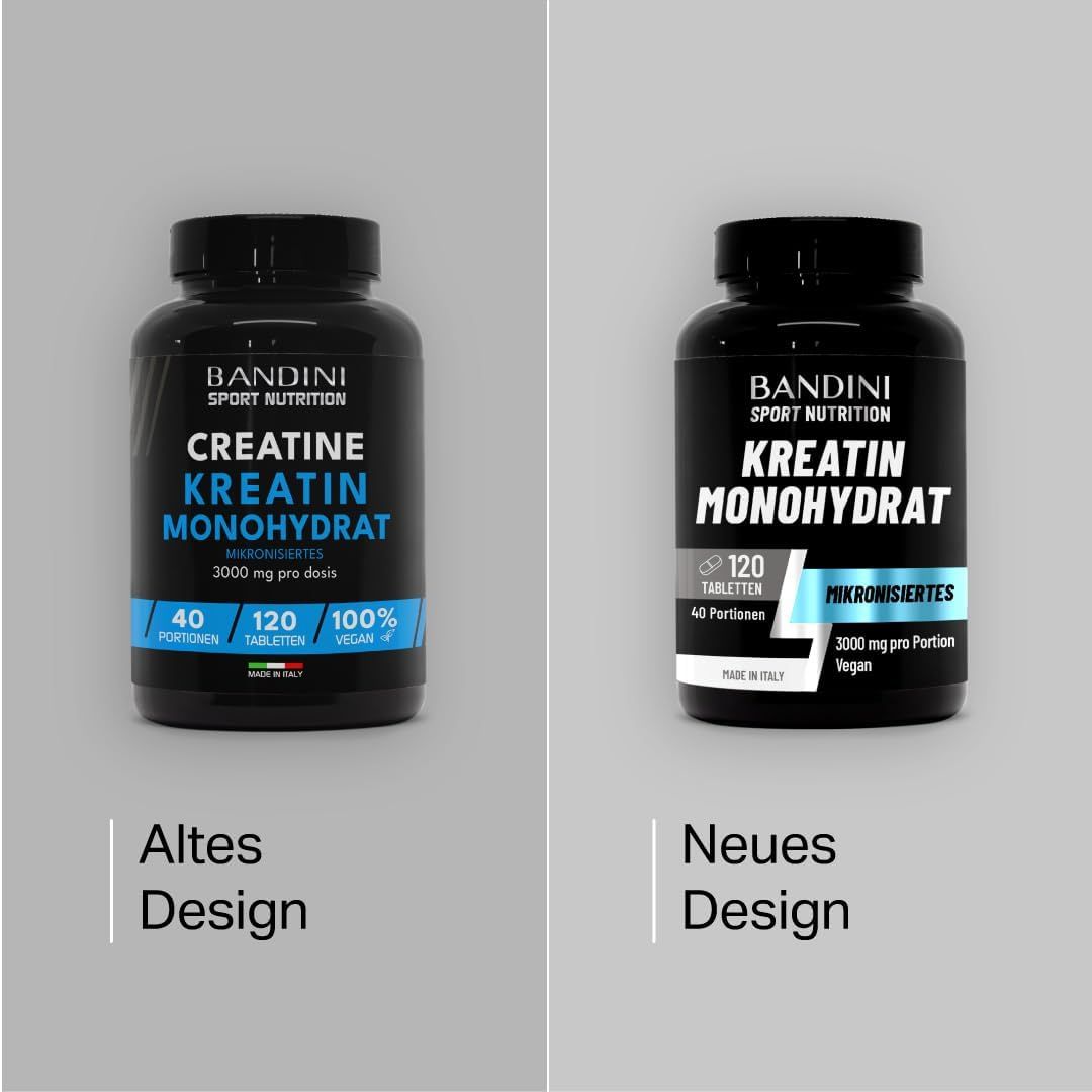 Zwei schwarze Flaschen mit weißem Etikett. Aufschrift: Bandini Sport Nutrition, Kreatin Monohydrat. Links: Altes Design, rechts: Neues Design.