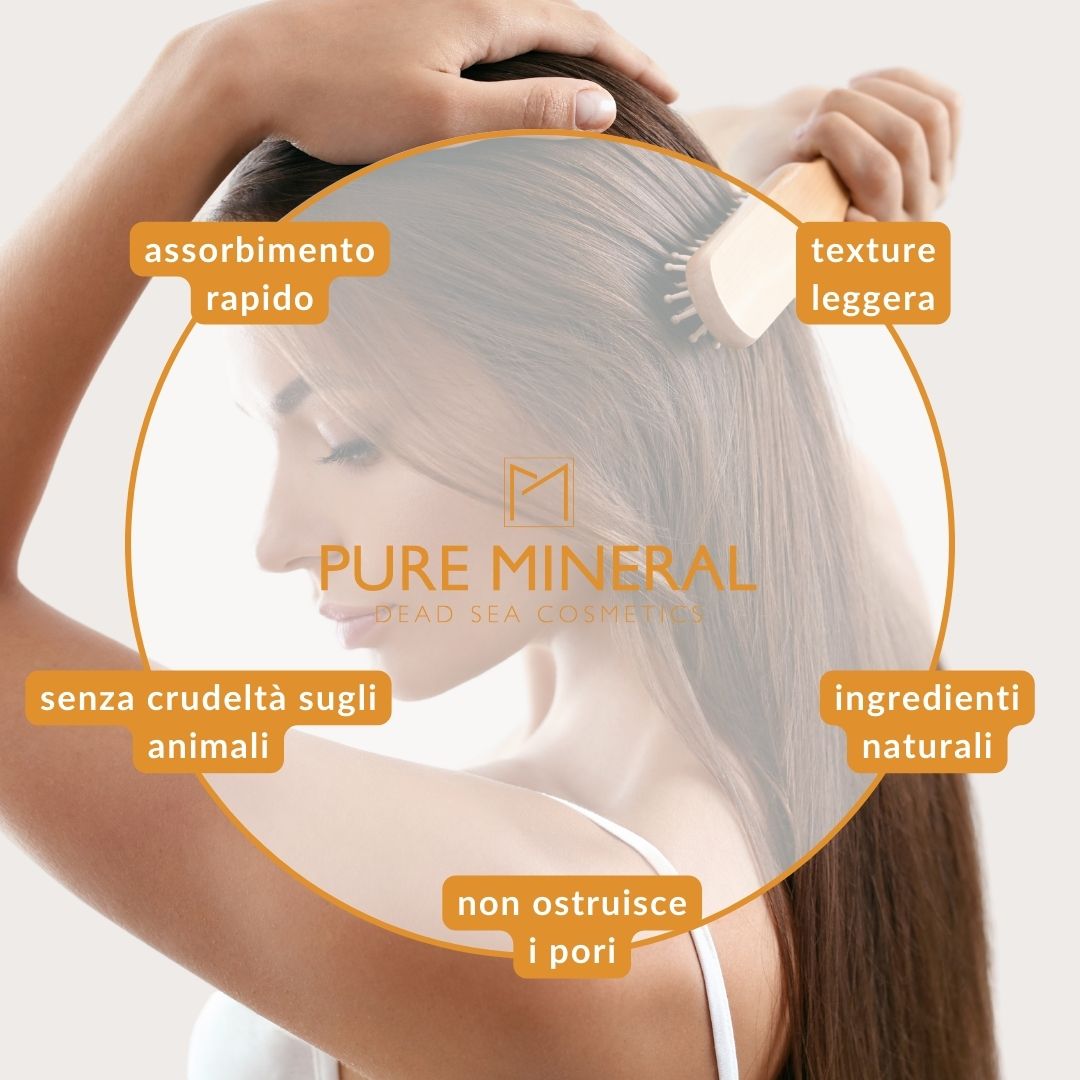 Donna con spazzola per capelli. Testo: Assorbimento rapido, texture leggera, senza crudeltà, ingredienti naturali.