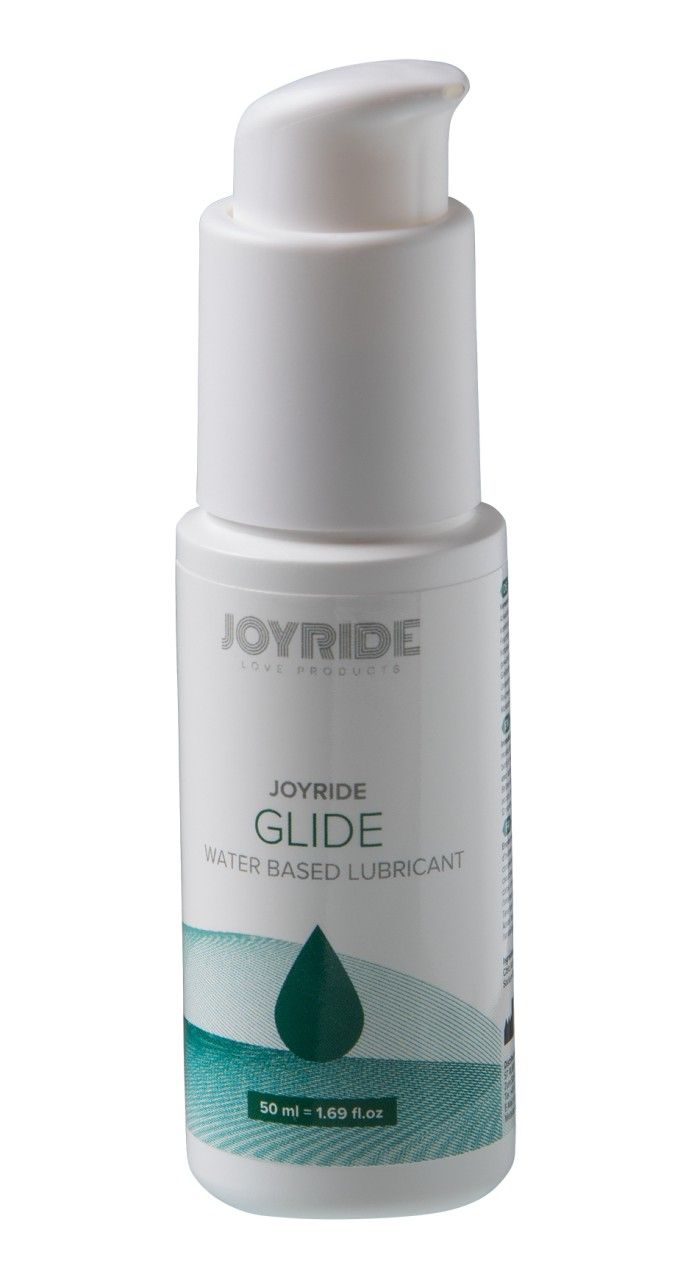 Weiße Flasche mit Pumpverschluss. Aufschrift: JOYRIDE GLIDE, Wasserbasiertes Gleitmittel. Grüne Tropfen-Grafik. 50 ml.