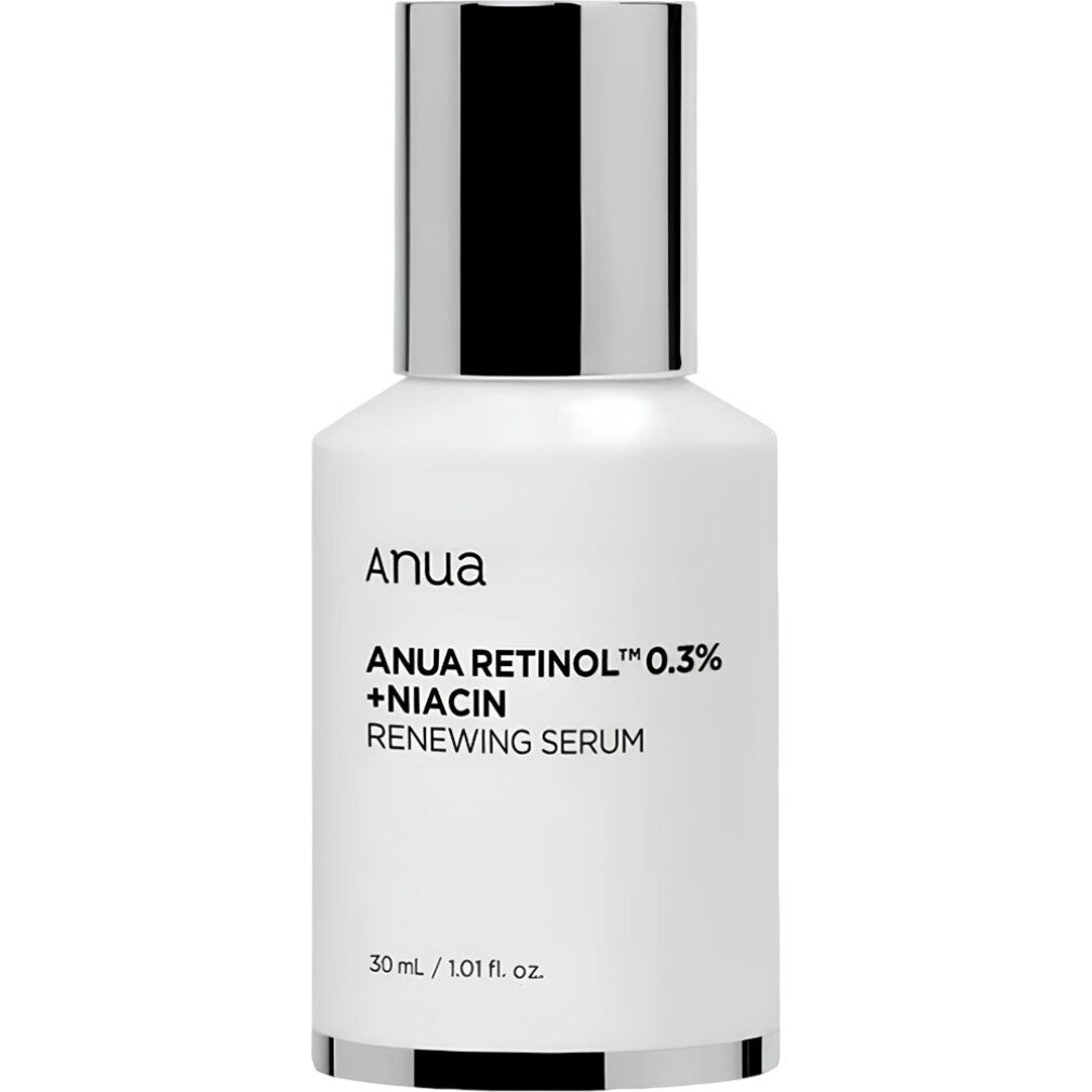 Weiße Flasche ANUA 0.3+ Nano Retinol + Niacin Serum mit lila Akzent.
