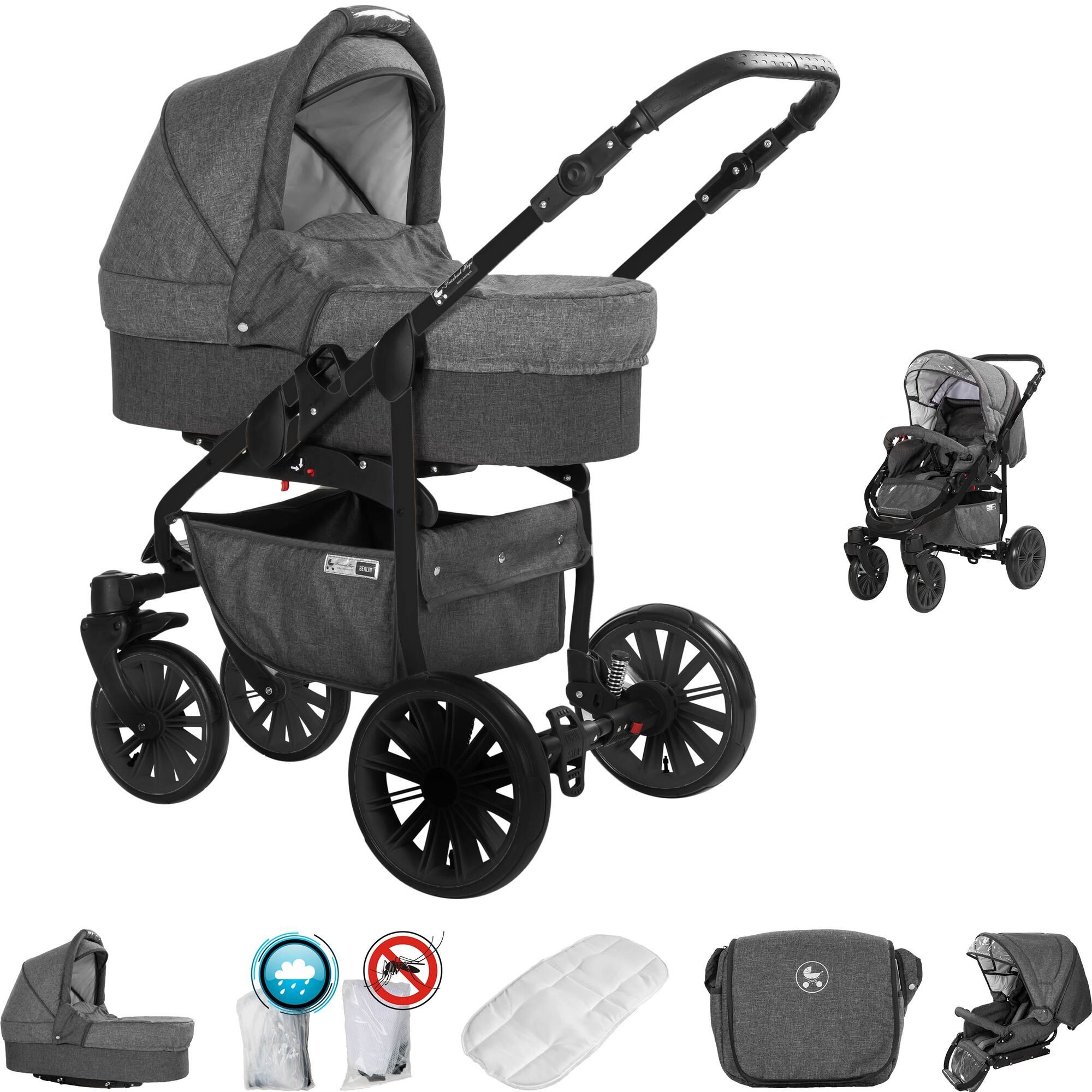Friedrich Hugo Berlin 2 in 1 Kinderwagen Luftreifen, Dark Grey and Grey Night