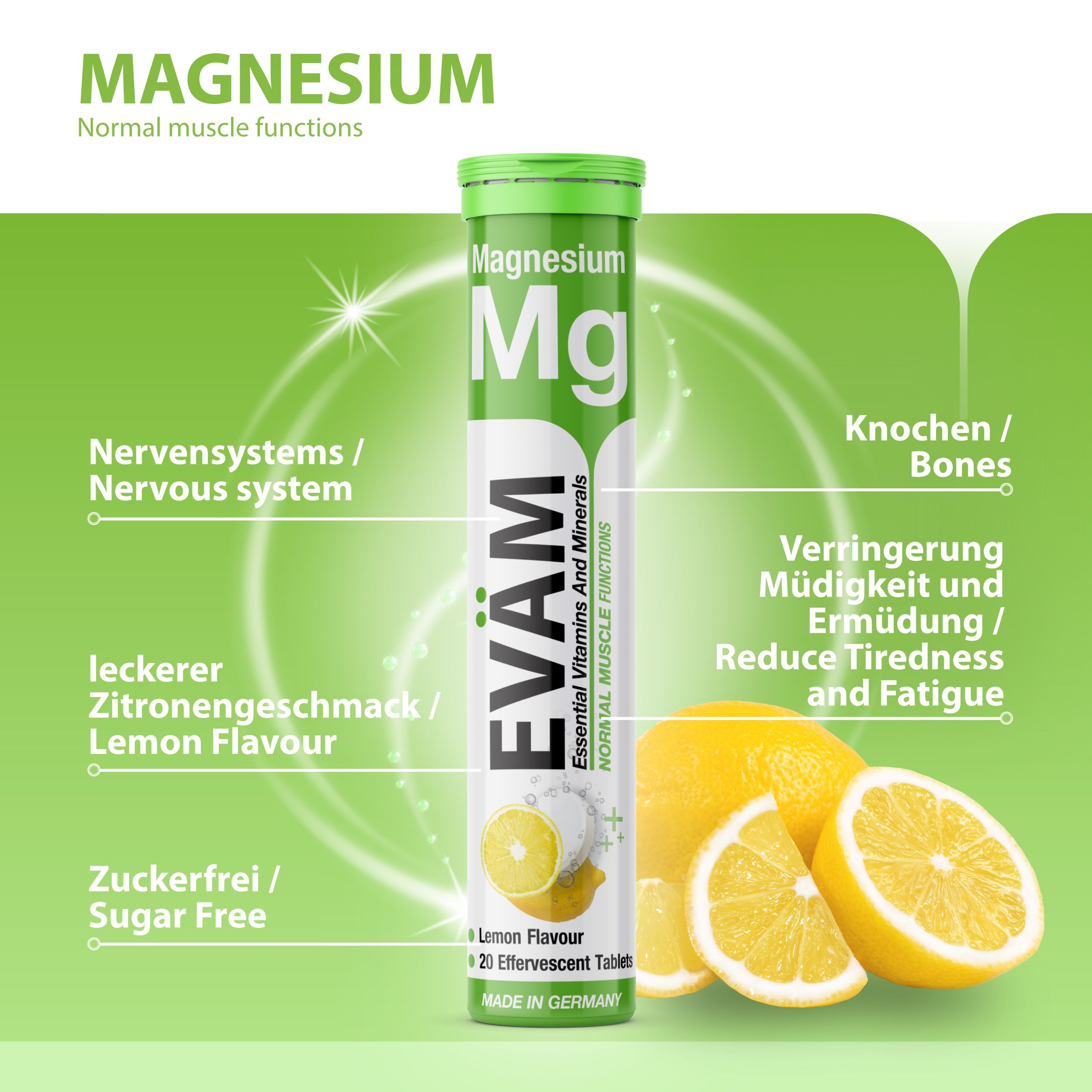 Grüne Tube EVÄM Magnesium Brausetabletten. Aufschrift: Lemon Flavour, 20 Brausetabletten. Vegan, glutenfrei, laktosefrei, zuckerfrei.