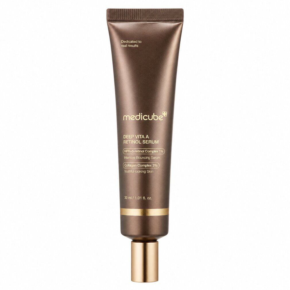 Braune Tube Medicube Deep Vita A Retinol Serum, 30 ml. Goldener Verschluss.