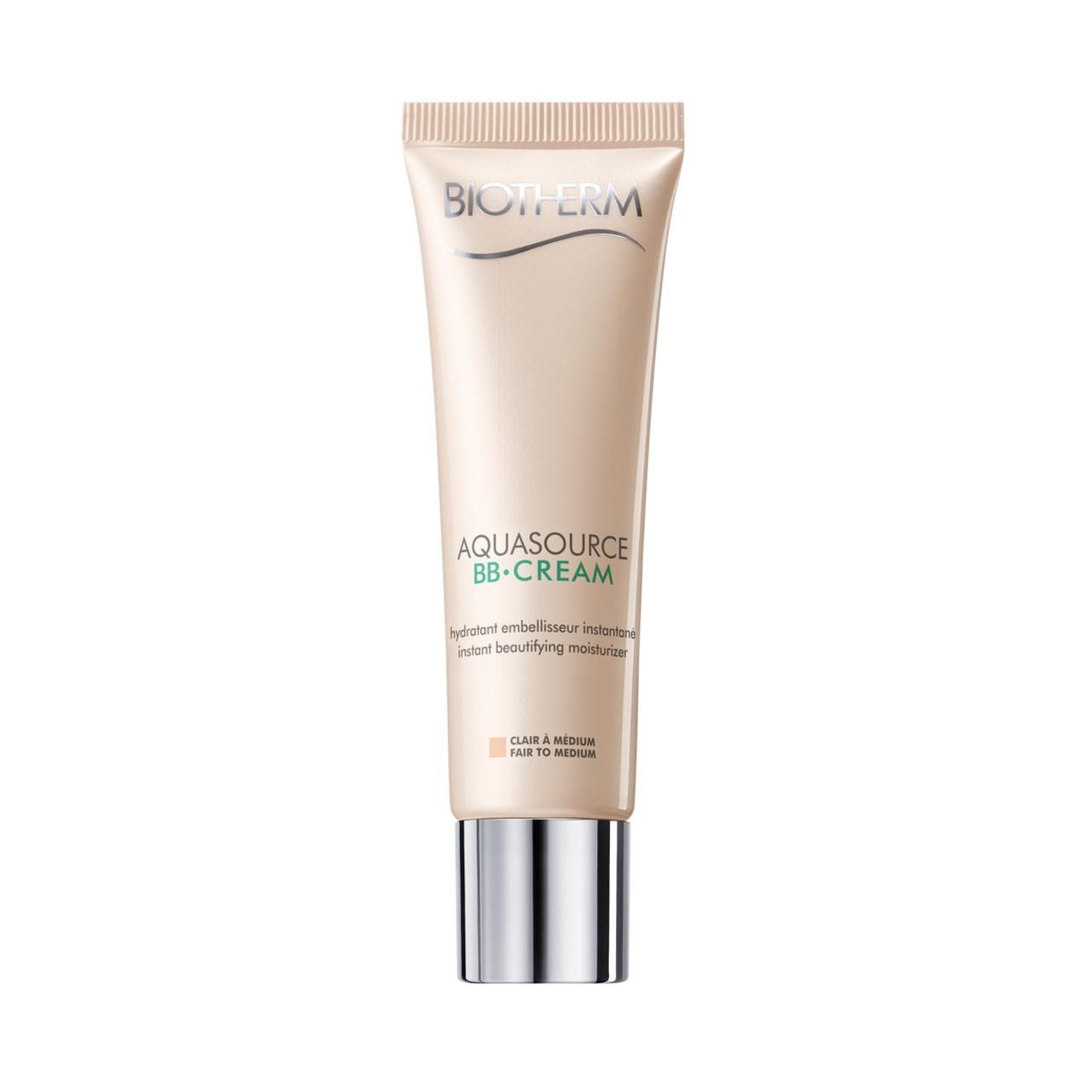 BIOTHERM AQUASOURCE BB CREAM Tube. Fair to Medium. Weißer Tube mit silbernem Deckel. Produktname und Farbtonangabe.