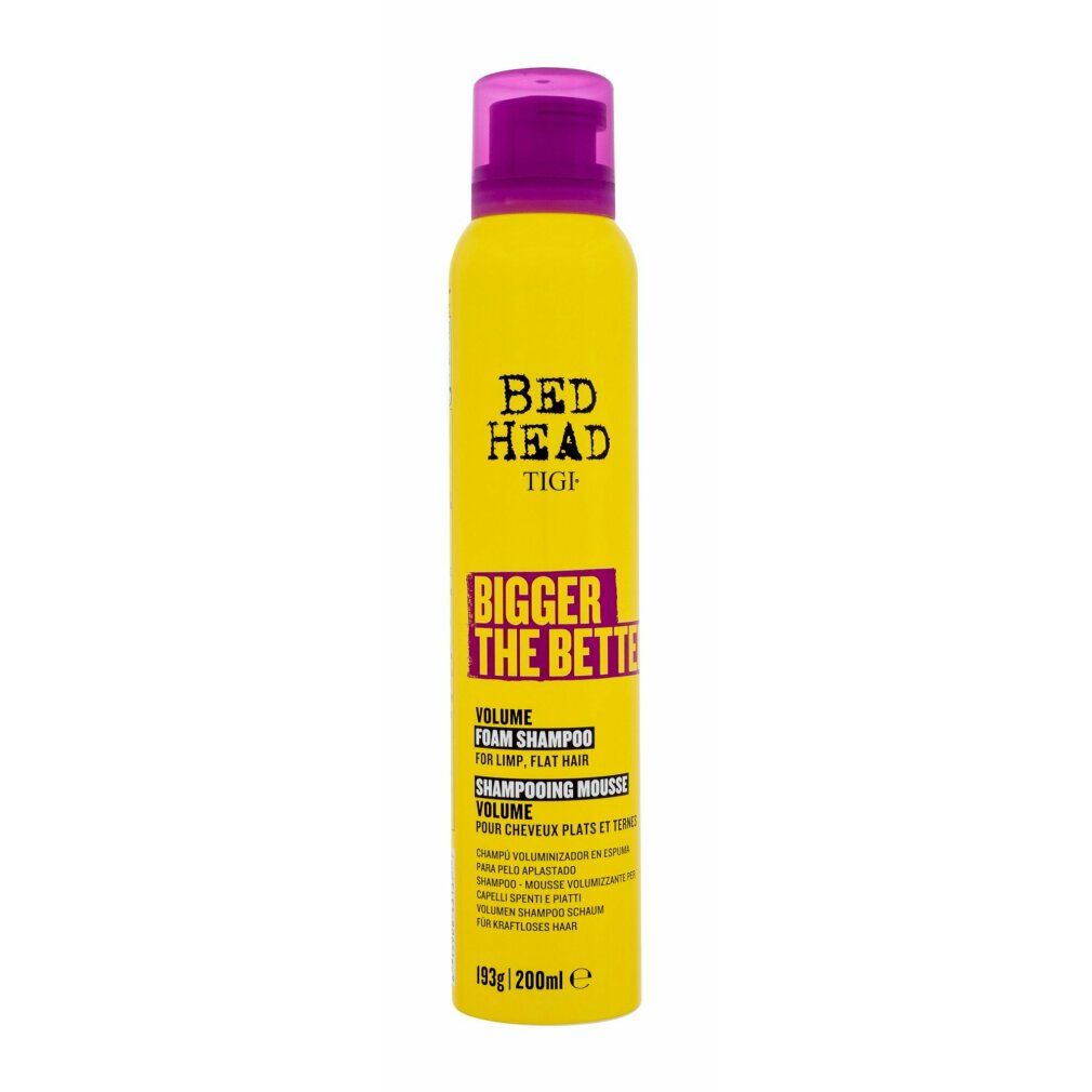 Gelbe Tigi Bed Head Volume Foam Shampoo Flasche mit lila Verschluss. Text: Bigger The Better, Volume Foam Shampoo, 193g/200ml.