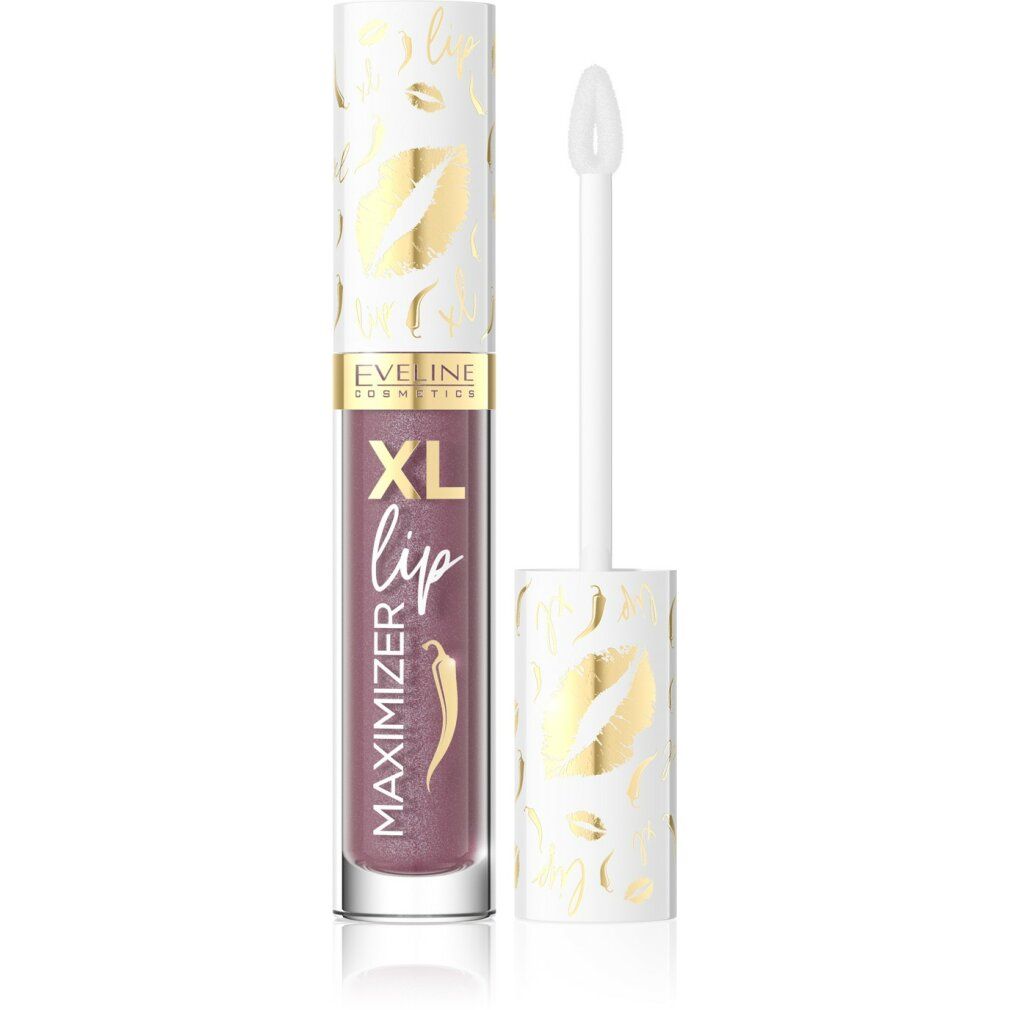 Geöffnete Lipgloss-Tube mit weißem Applikator. Weißer Deckel mit goldenen Akzenten. Aufschrift: XL lip Maximizer, Eveline Cosmetics.