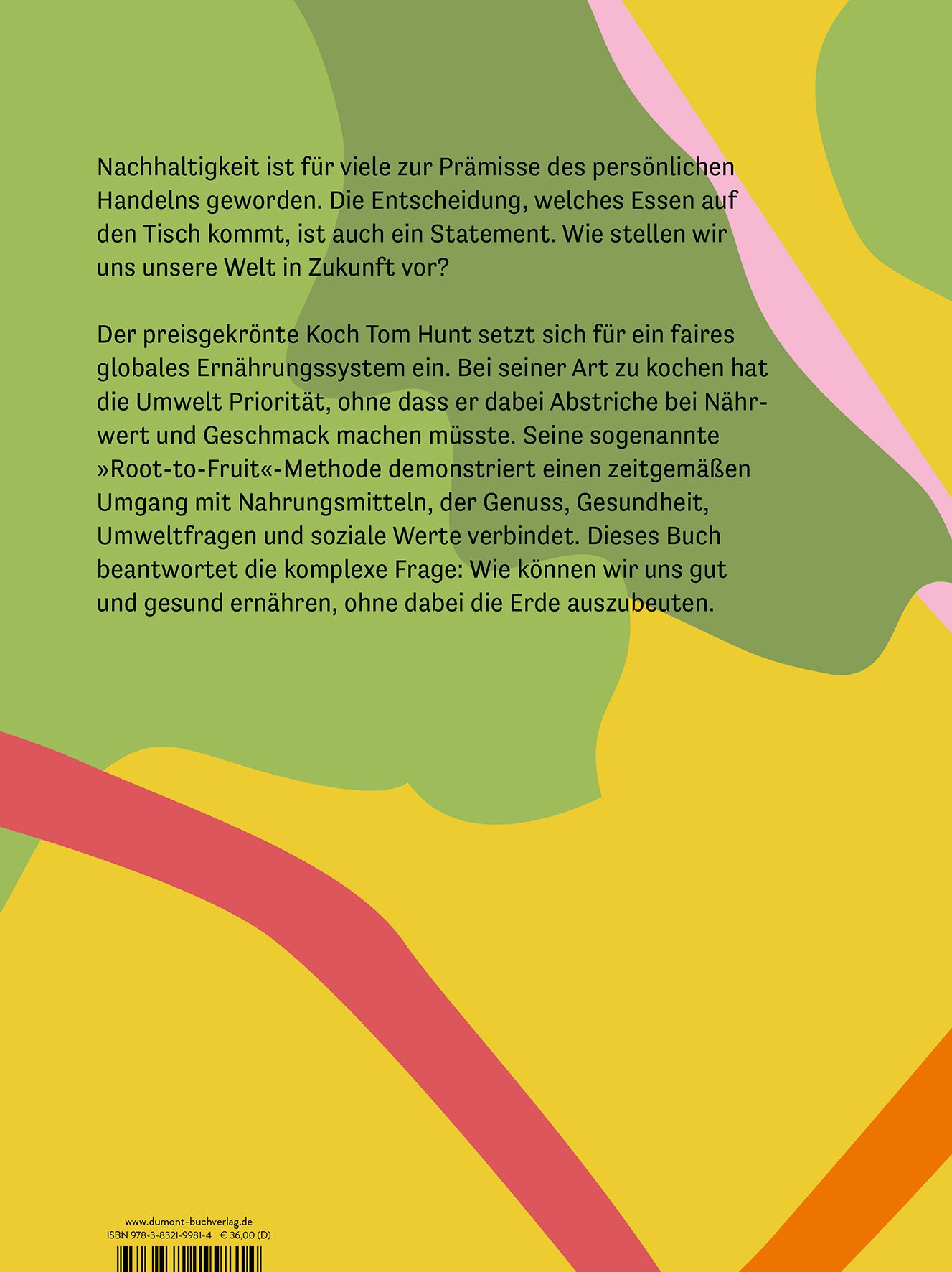 Buchrücken mit Text. Titel "Essen für die Zukunft". Autor Tom Hunt. Verlag Dumont. Text über Nachhaltigkeit, Ernährung und Kochmethoden.