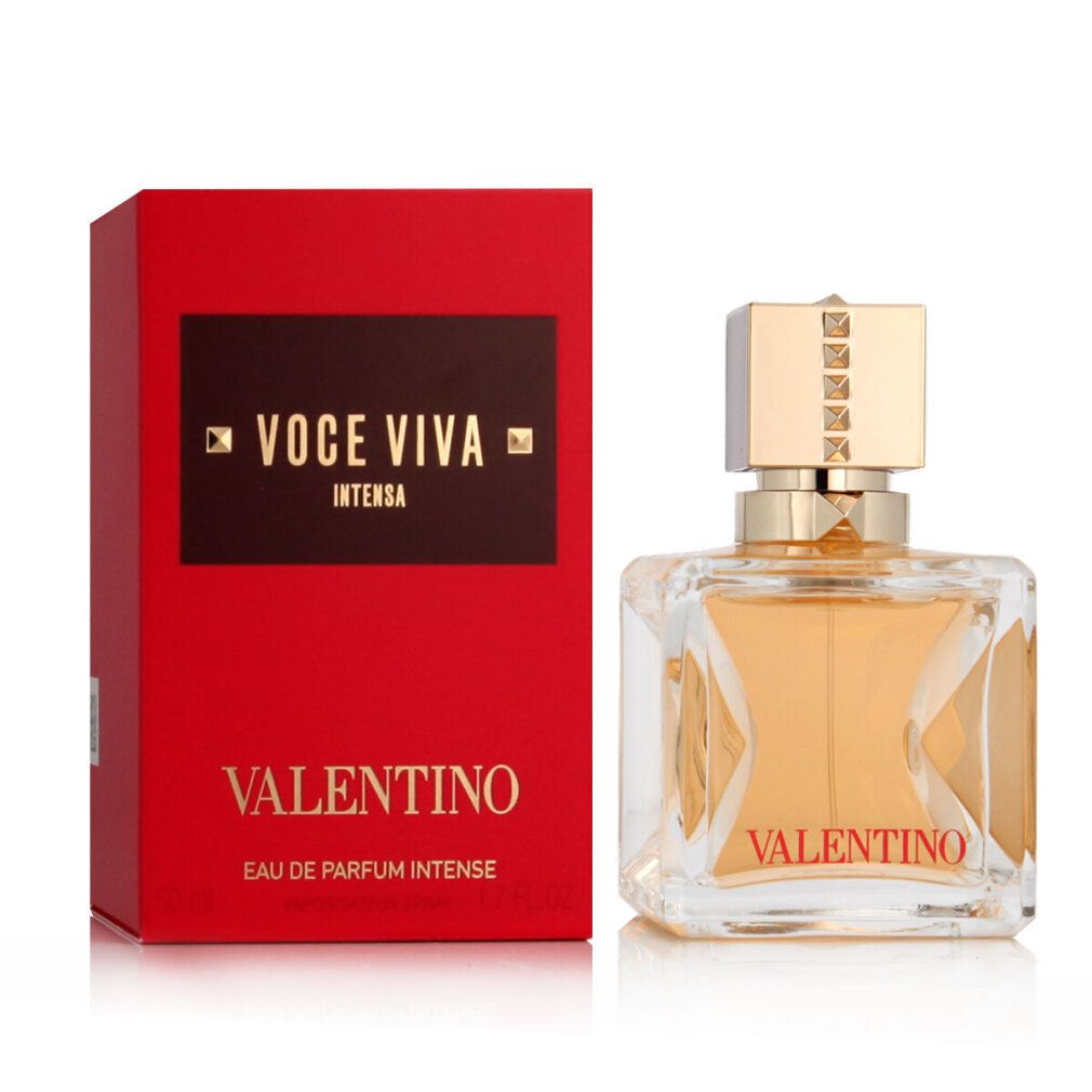 Parfümflakon und rote Verpackung. Flakon quadratisch, goldener Verschluss. "Voce Viva Intensa" und "Valentino".