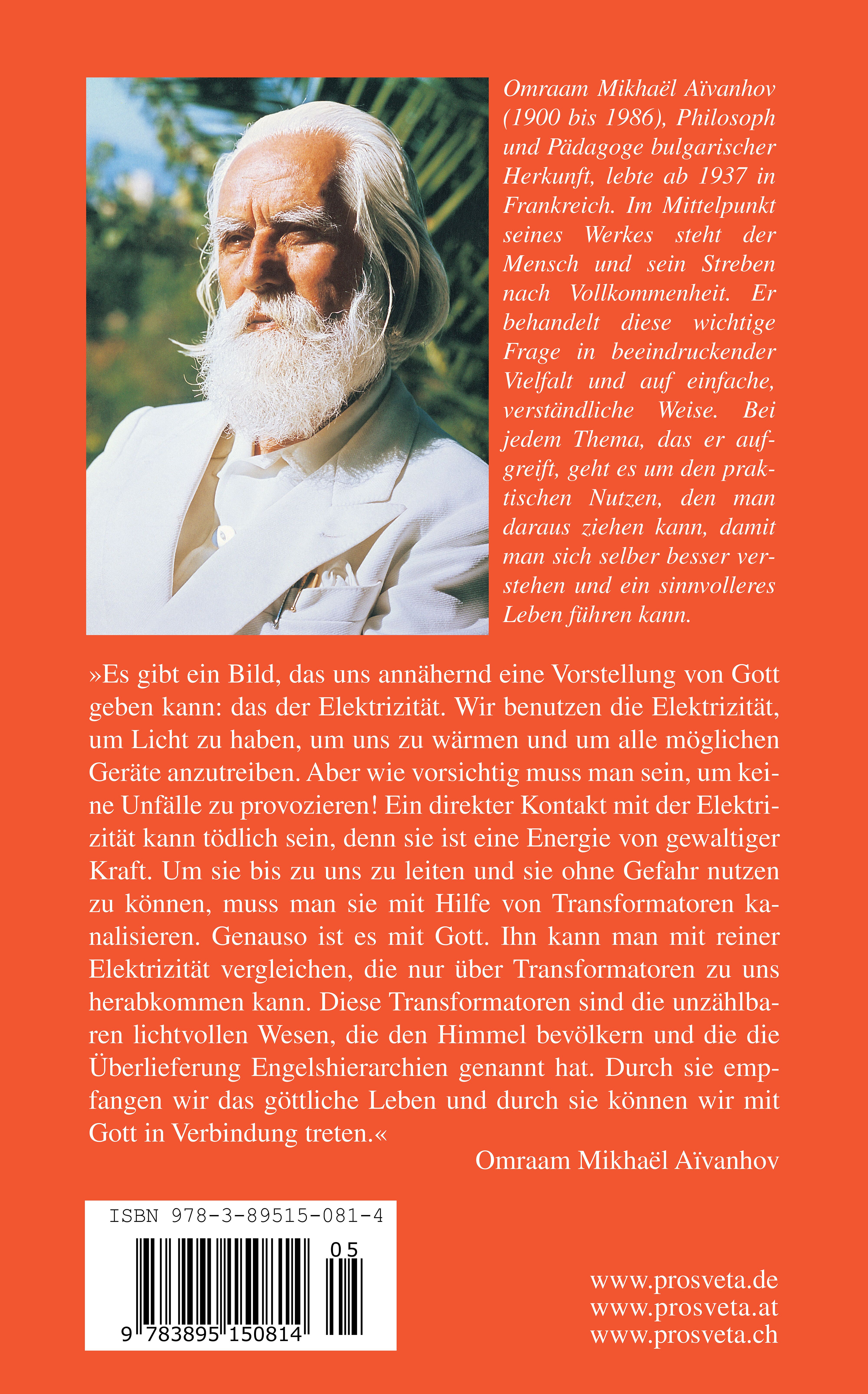 Buchrückseite mit Text und Foto von Omraam Mikhaël Aïvanhov. ISBN, Verlagsinformationen.