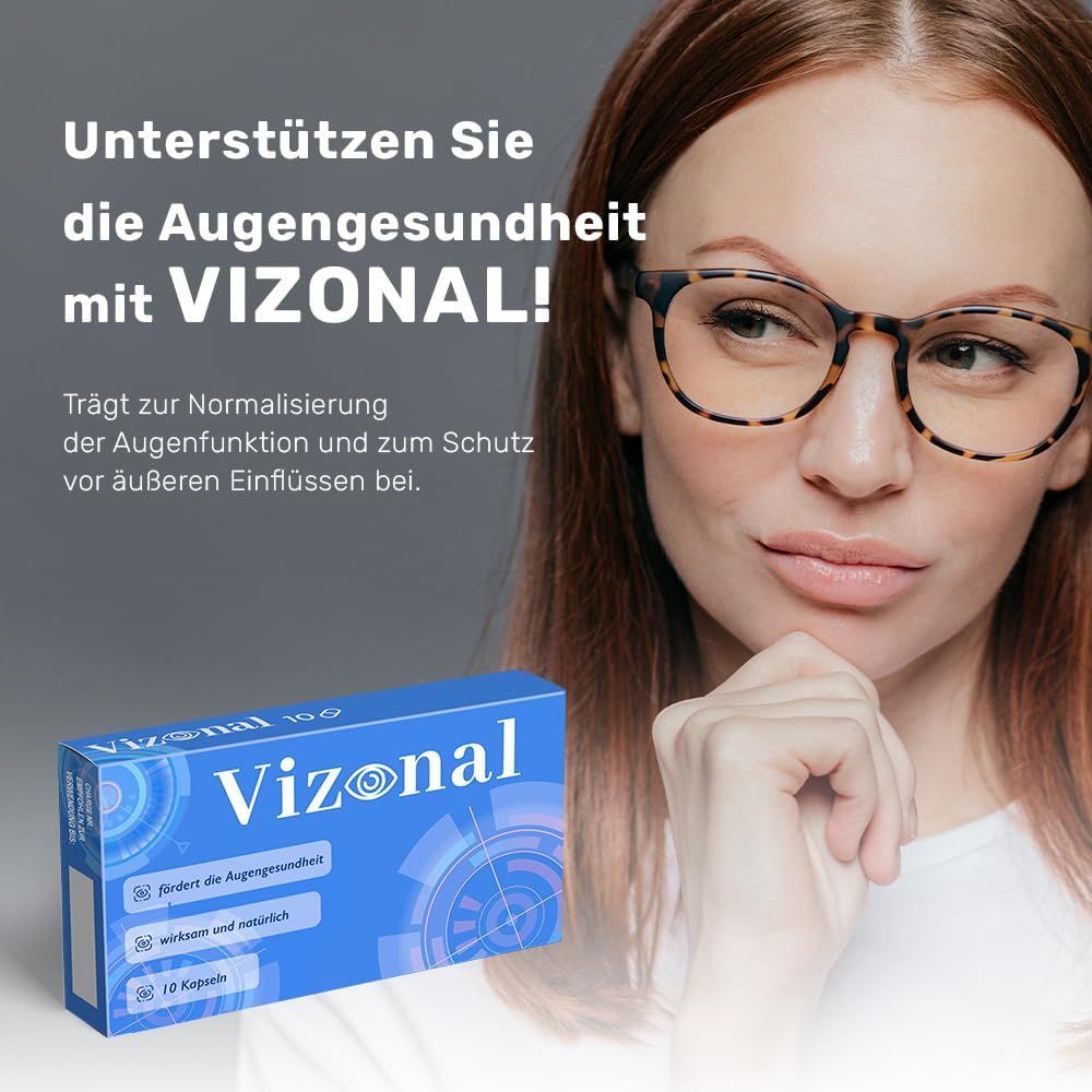 Frau mit Brille hält Schachtel "Vizonal". Text: "Unterstützen Sie die Augengesundheit".