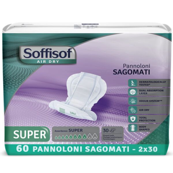 Paquet de Soffisof Pannoloni Sagomati Super. 60 unités. Image du produit. Inscriptions : Air Dry, testé dermatologiquement, 2x30 pièces.